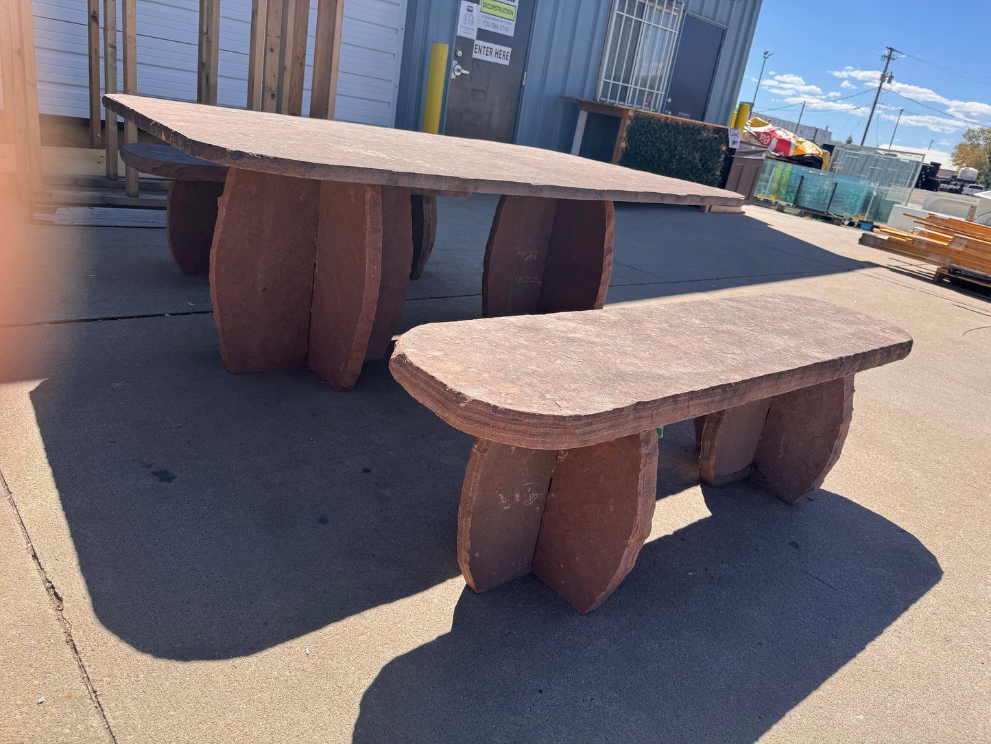 Reclaimed Flagstone Table and Bench Set, 3 Piece