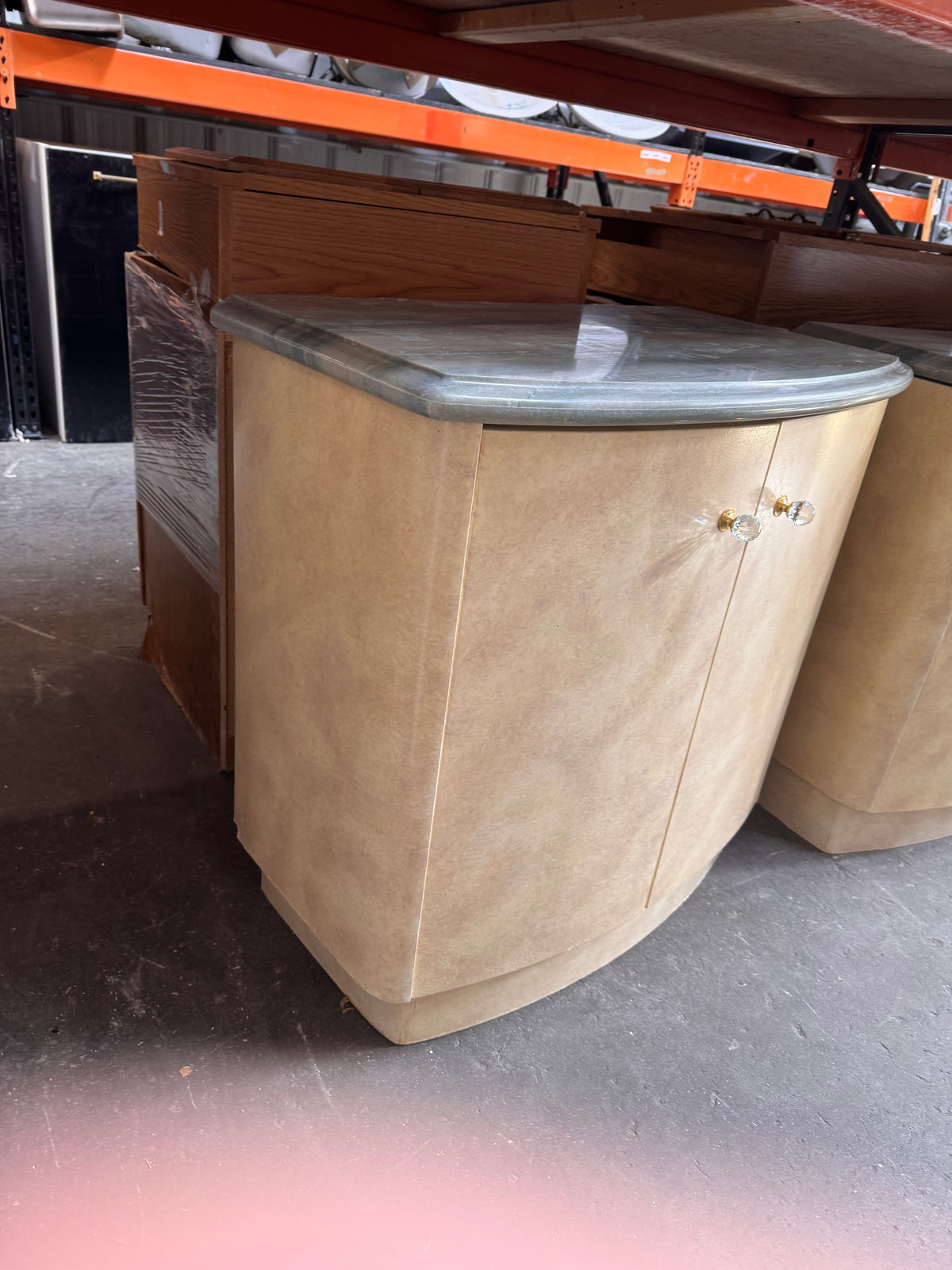 34in Reclaimed Curved Accent Cabinet, Faux Marble Top, Crystal Knobs