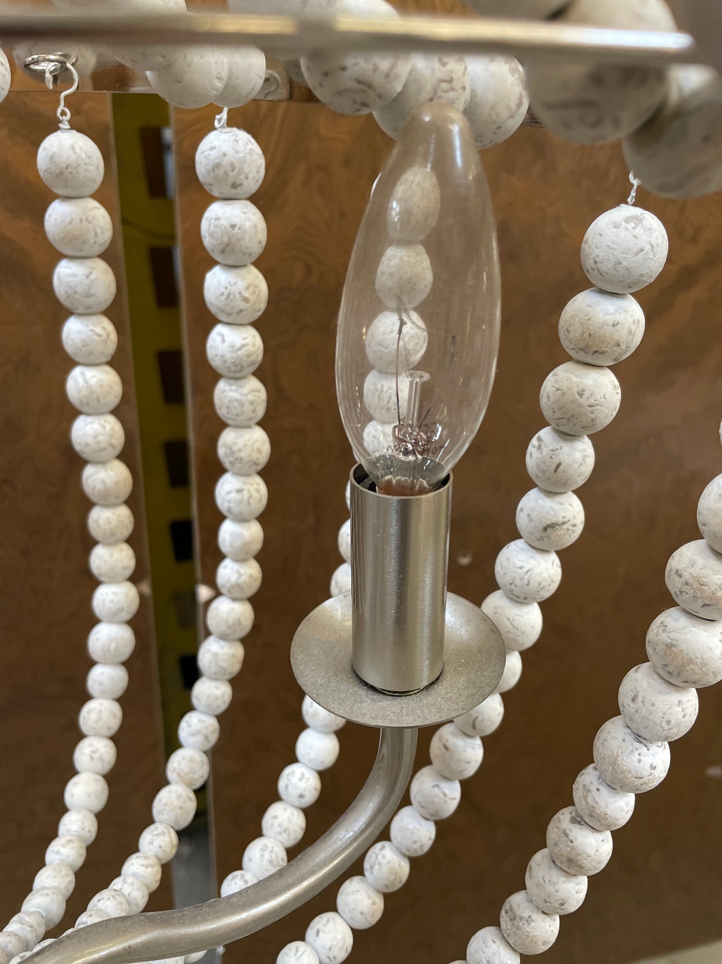 Whitewashed Wood Bead Reclaimed Chandelier, Nickel