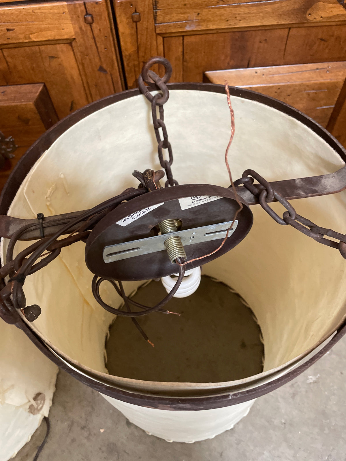 Reclaimed Enamelware Cauldron Pendant Light, Wrought Iron