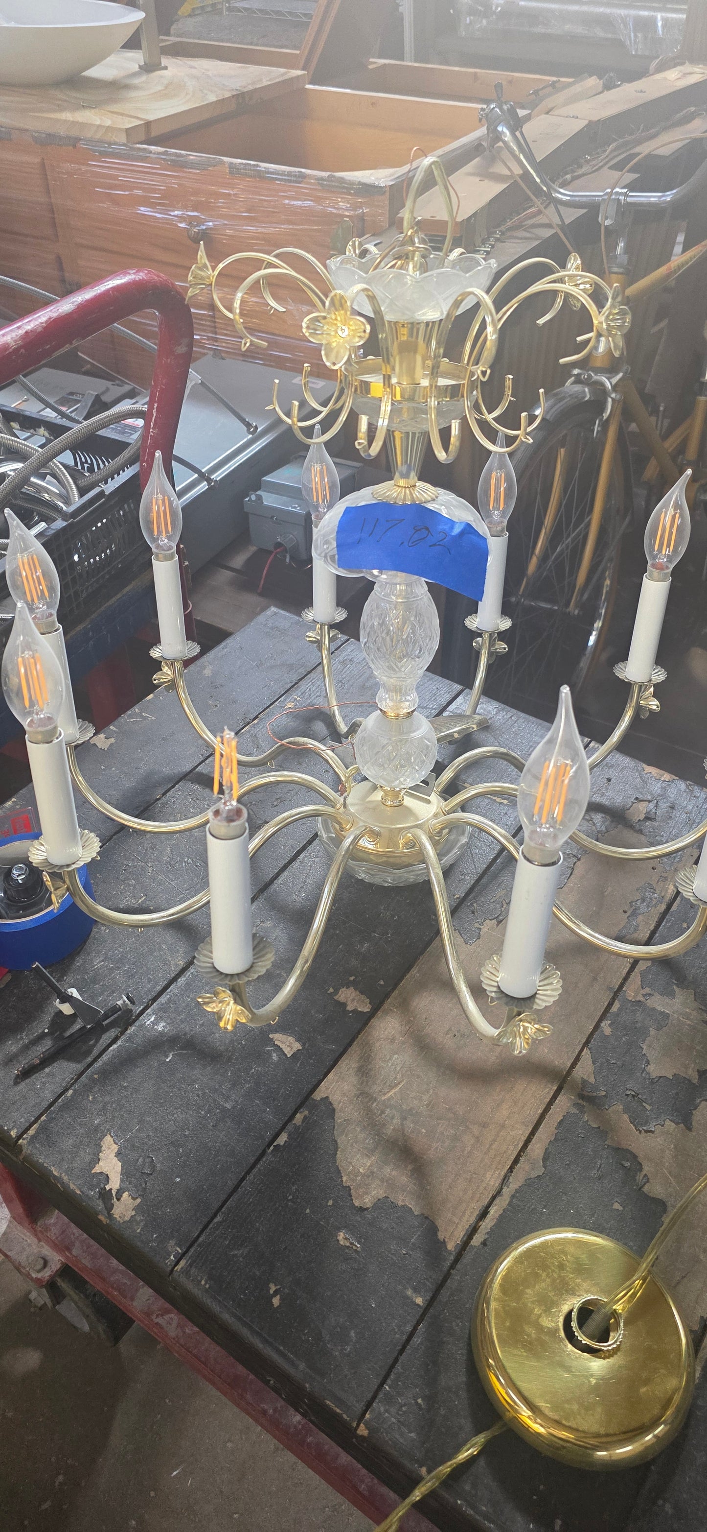 Brass and Crystal Style Chandelier With Scroll Arms [#117.01]