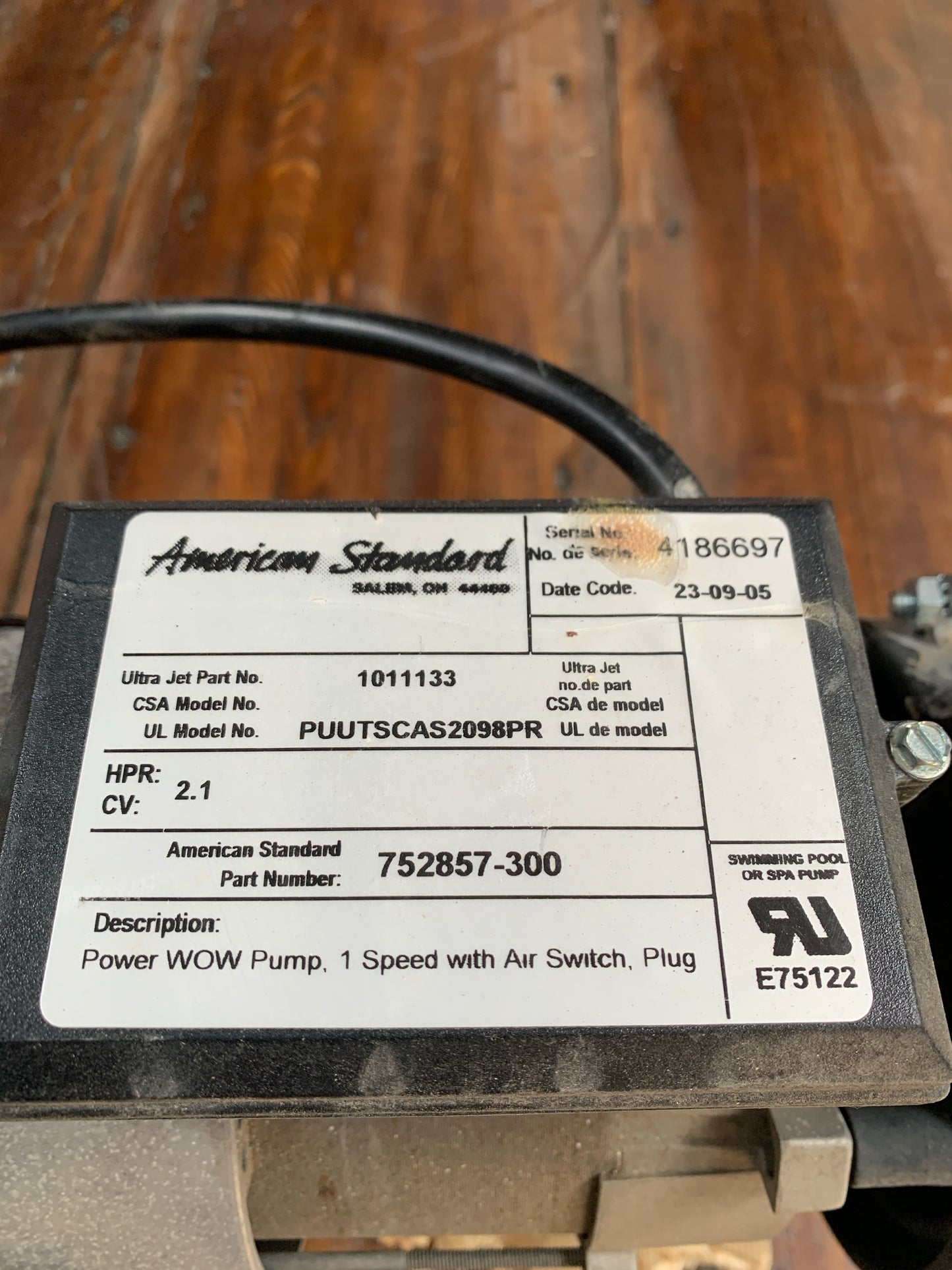1.5 HP American Standard Power WOW Pump – 1 Speed with Air Switch 728.05