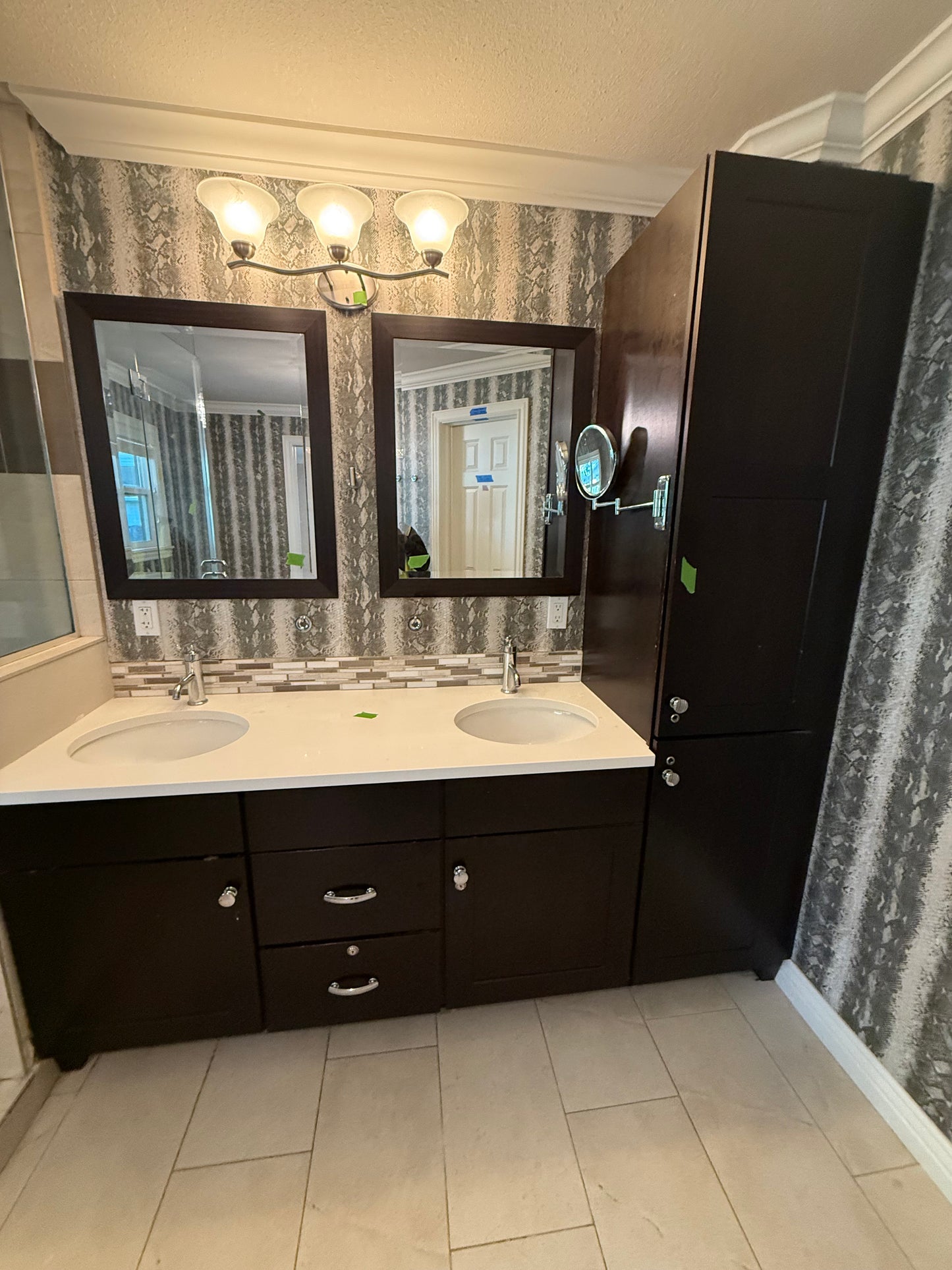 Double Sink Vanity with Tall Cabinet Set, Dark Brown and White Finish