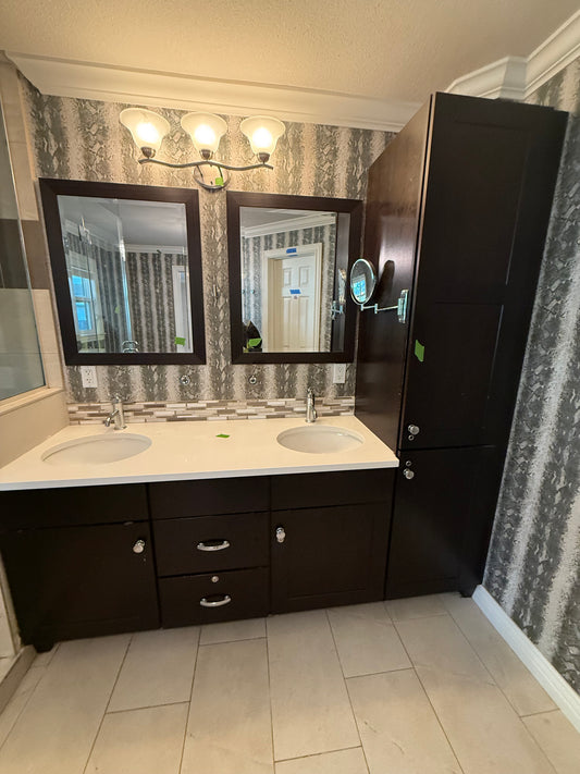 Double Sink Vanity with Tall Cabinet Set, Dark Brown and White Finish