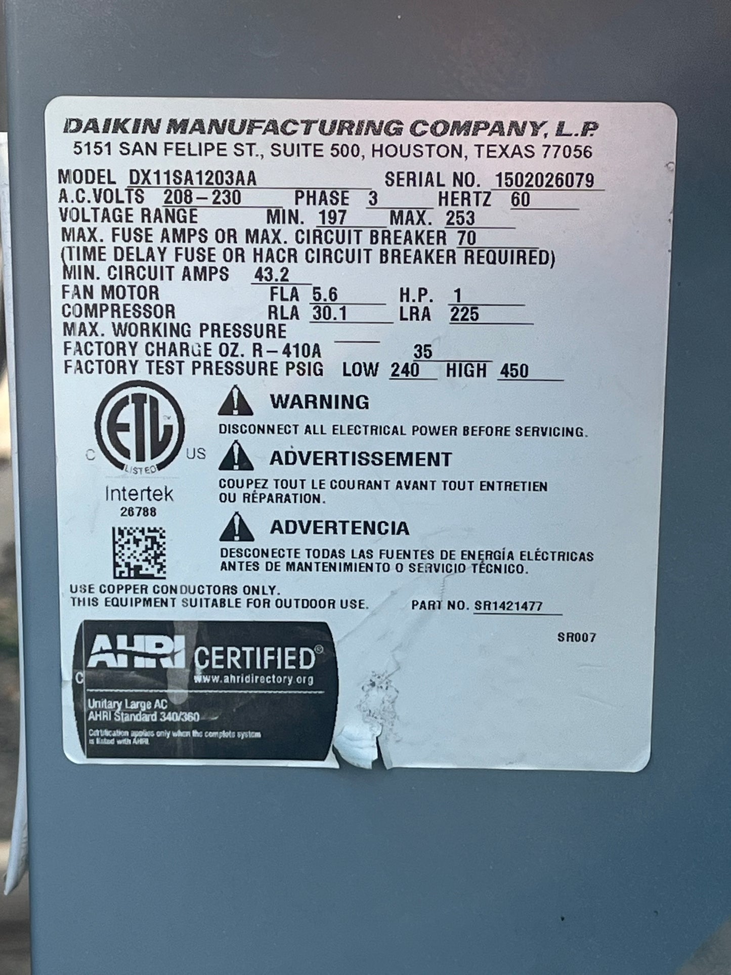 10 Ton Air Conditioner Condenser (Daikin DX11SA1203) [813.03]