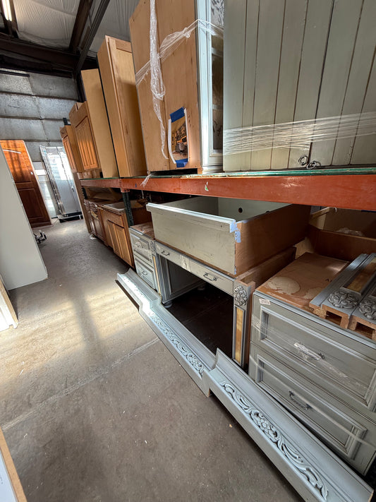 Built In Desk Cabinet Set with Glass Uppers and Crown Molding 8 Ft [#TNCC.32]