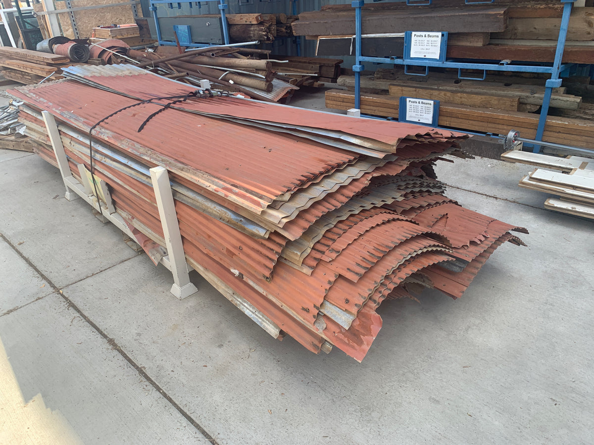 144" x 26" Reclaimed Rusted Corrugated Metal Sheets, Faded Red Patina [#D919.01]