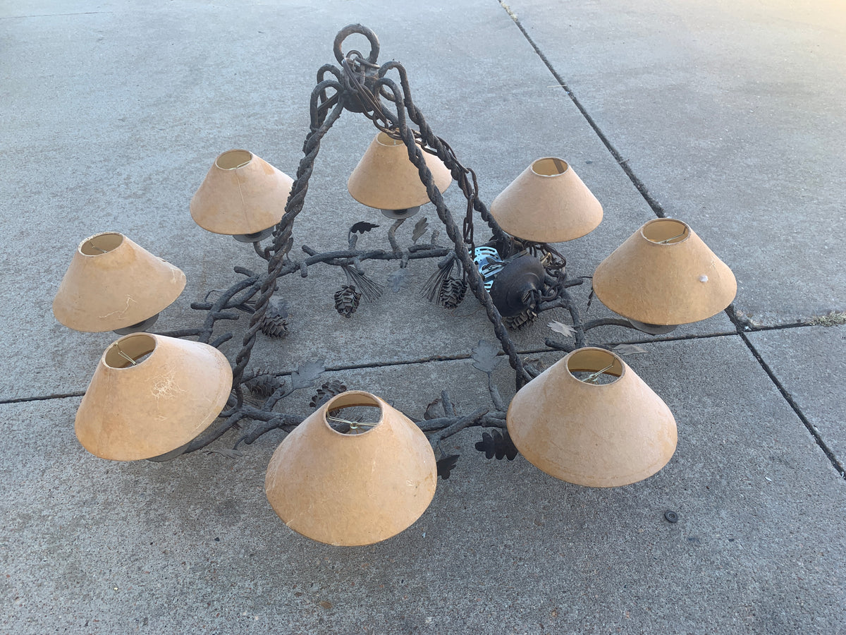 Reclaimed 7-Light Ornate Chandelier, Wrought Iron with Fabric Shades ID #D926.01