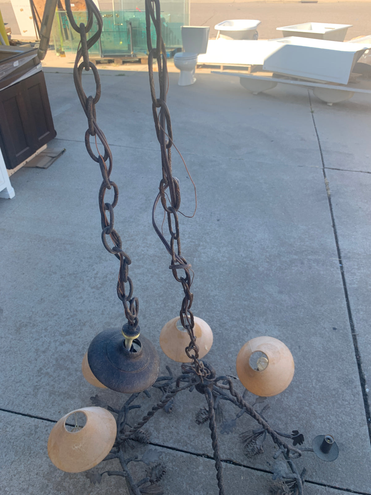 Reclaimed 7-Light Ornate Chandelier, Wrought Iron with Fabric Shades ID #D926.01