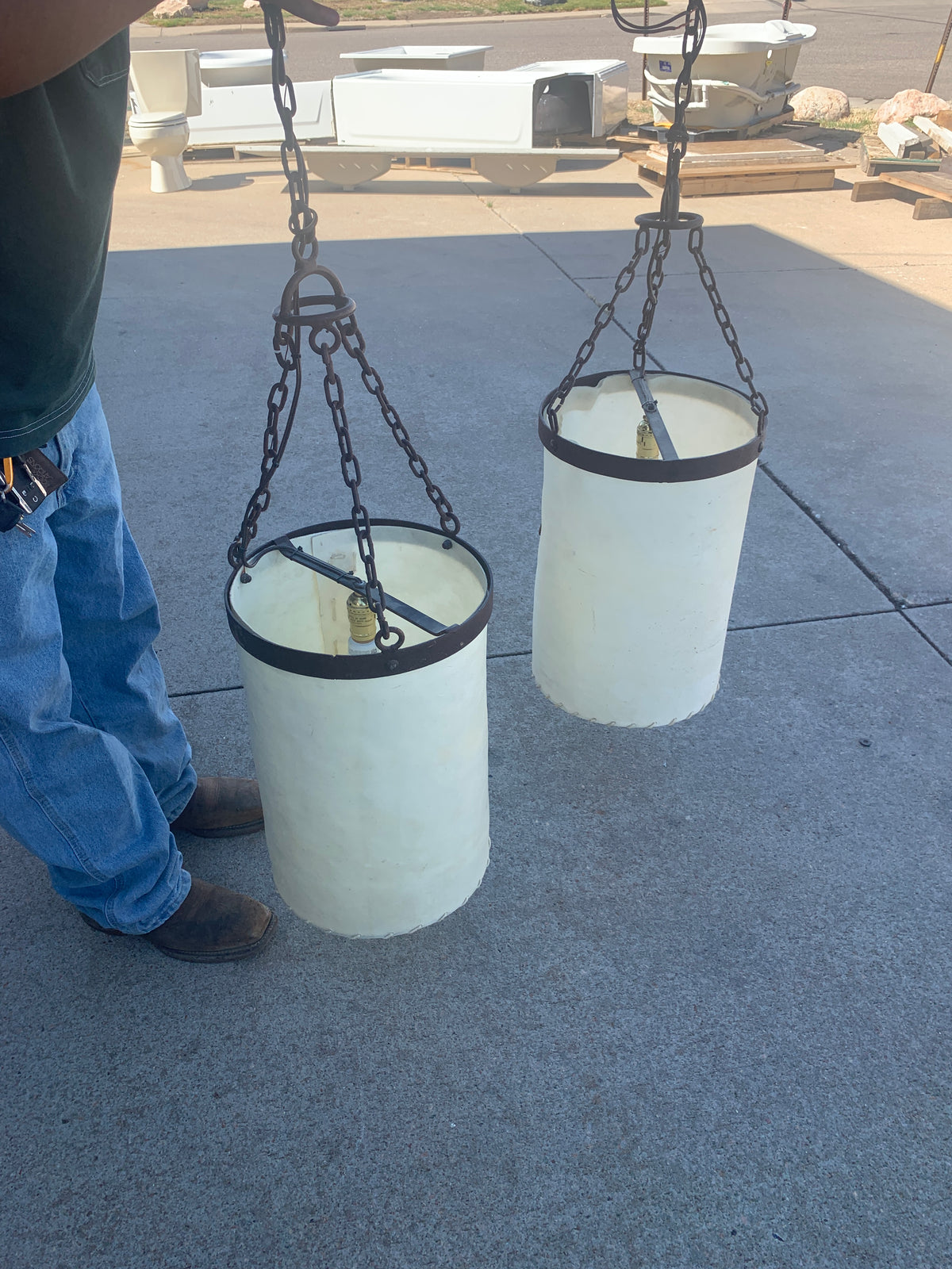 Reclaimed Frosted Glass Cylinder Pendants, Wrought Iron ID #D926.03