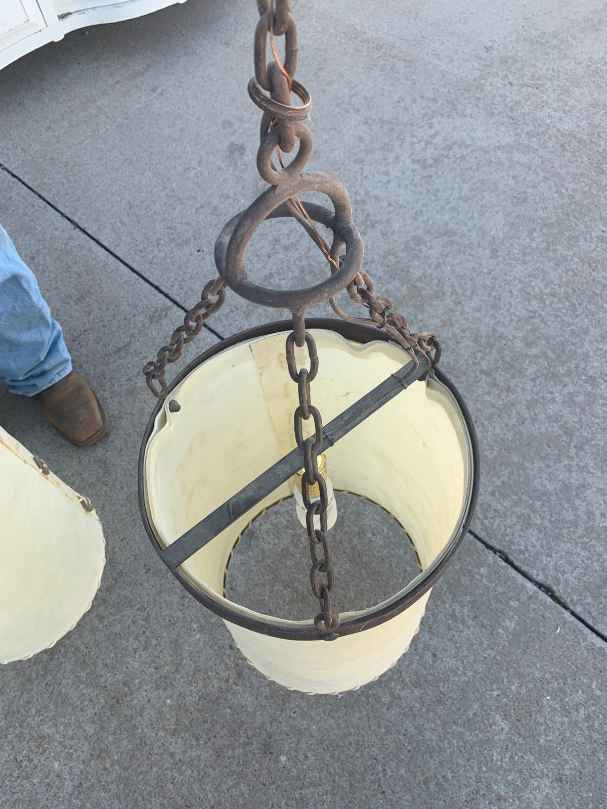 Reclaimed Frosted Glass Cylinder Pendants, Wrought Iron ID #D926.03