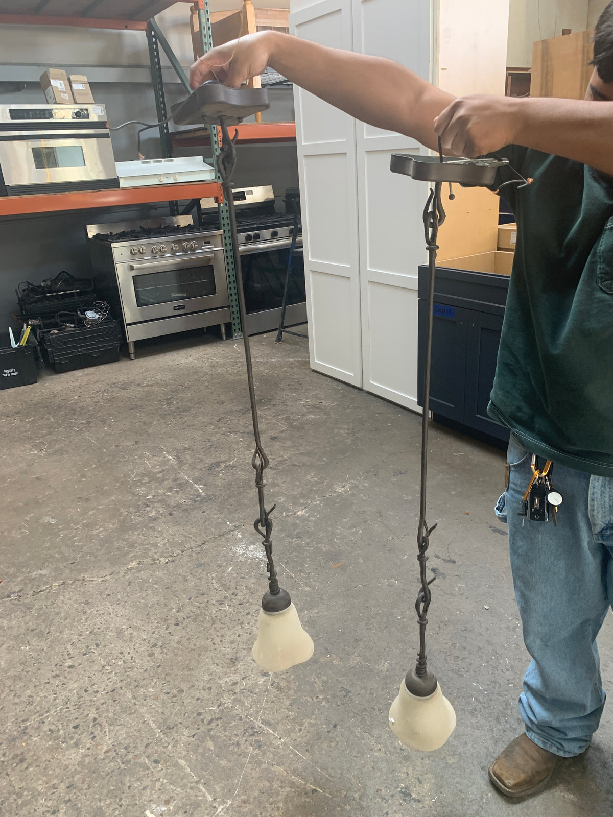 Reclaimed Frosted Glass Cone Pendants, Wrought Iron ID #D926.04