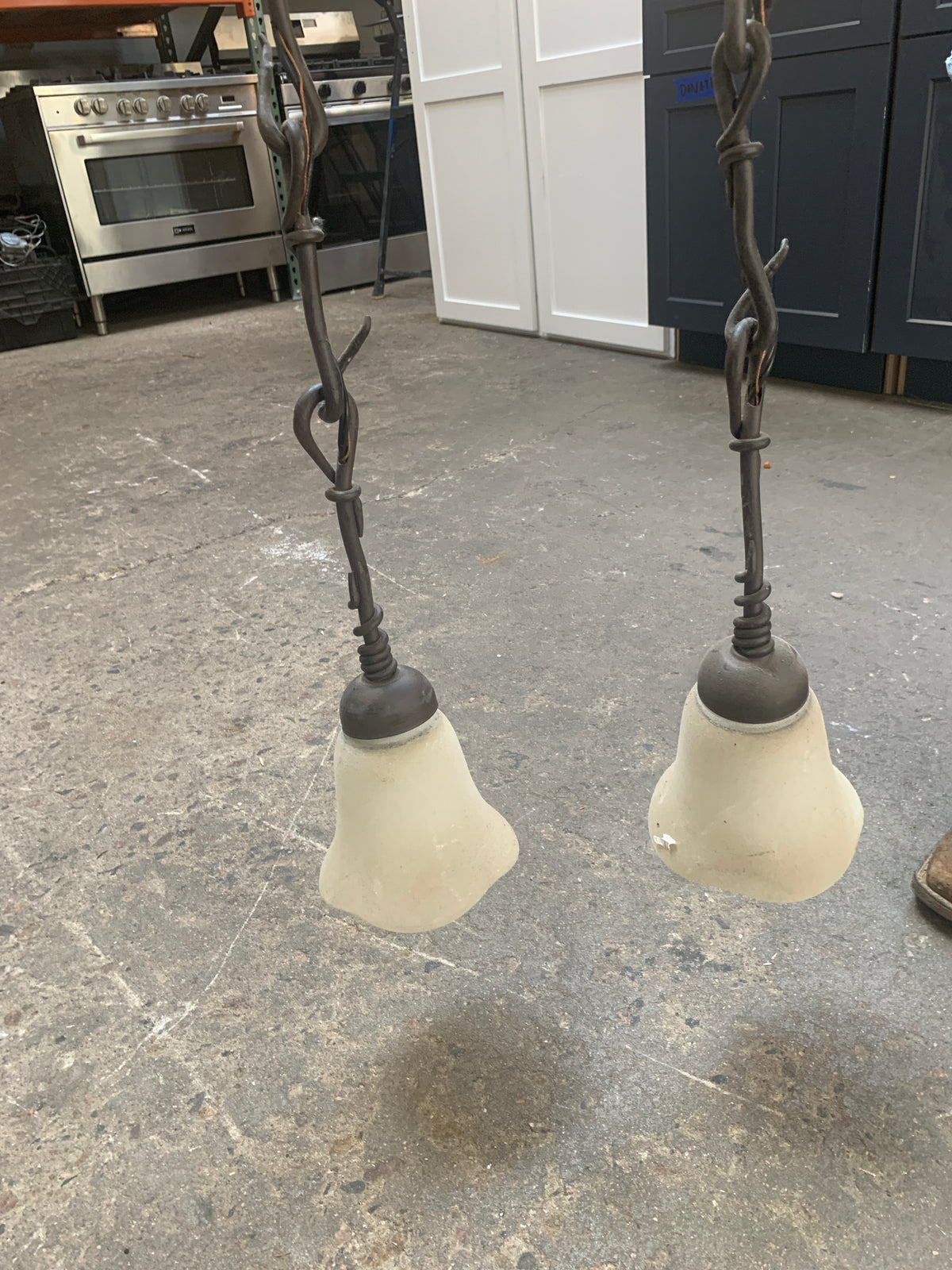 Reclaimed Frosted Glass Cone Pendants, Wrought Iron ID #D926.04