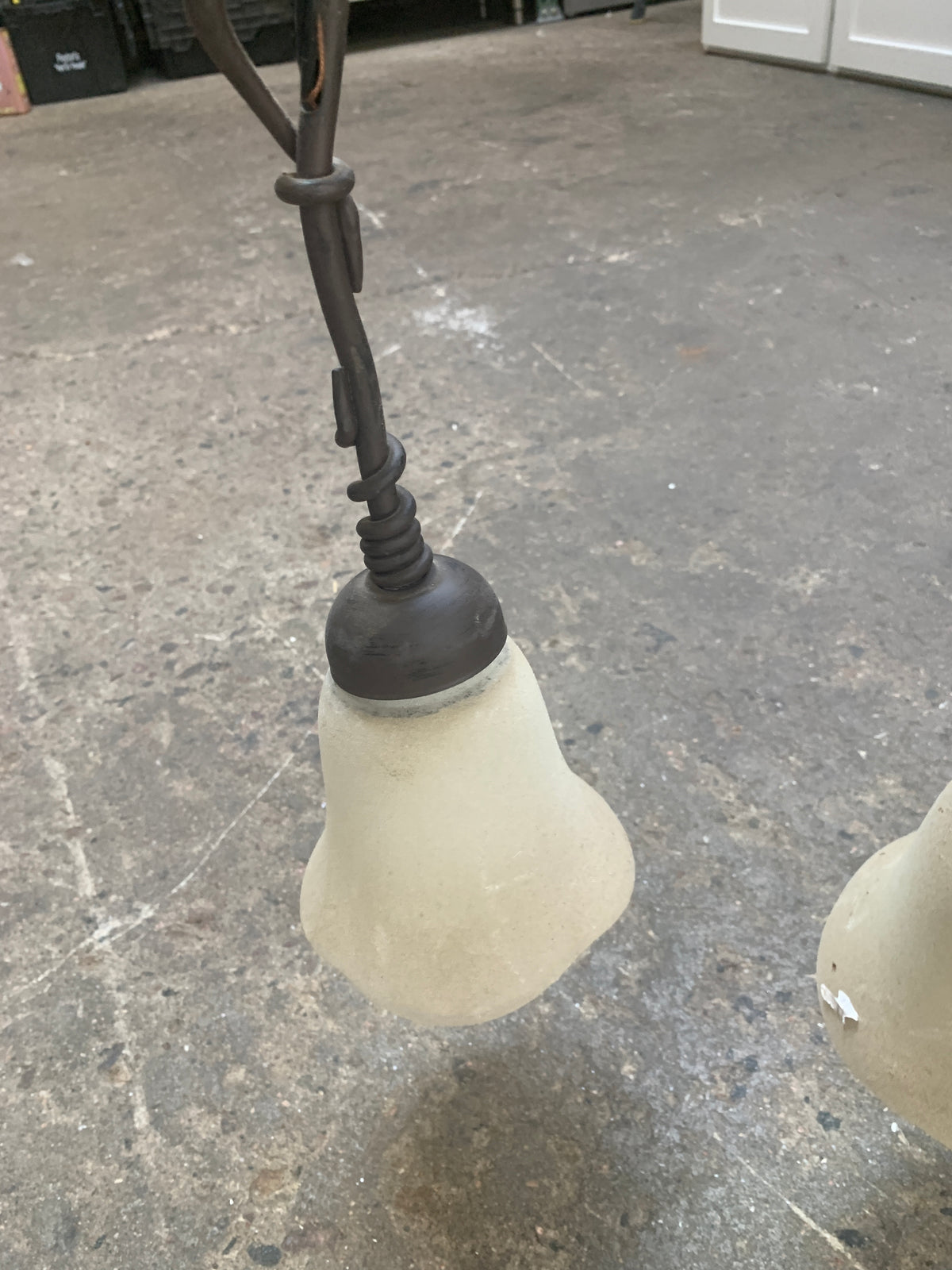 Reclaimed Frosted Glass Cone Pendants, Wrought Iron ID #D926.04