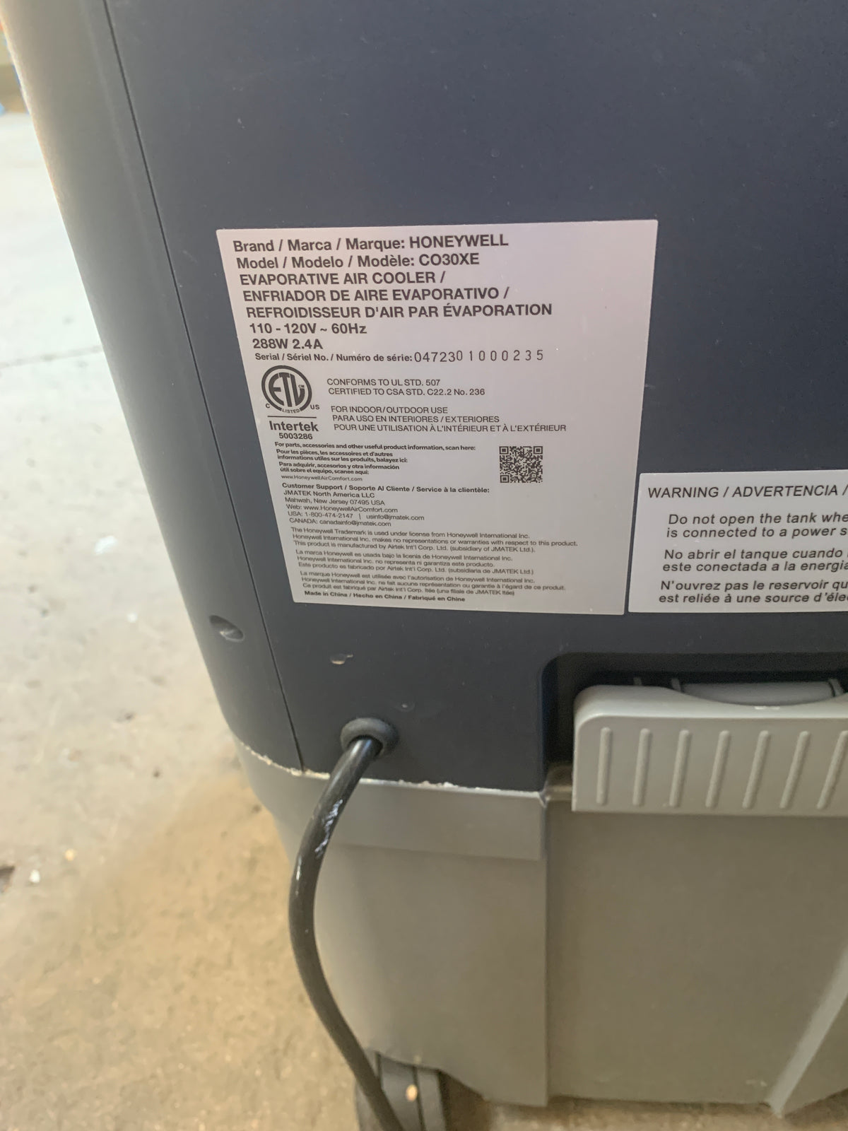 Honeywell CO30XE Evaporative Air Cooler, Indoor Outdoor  ID #D926.08