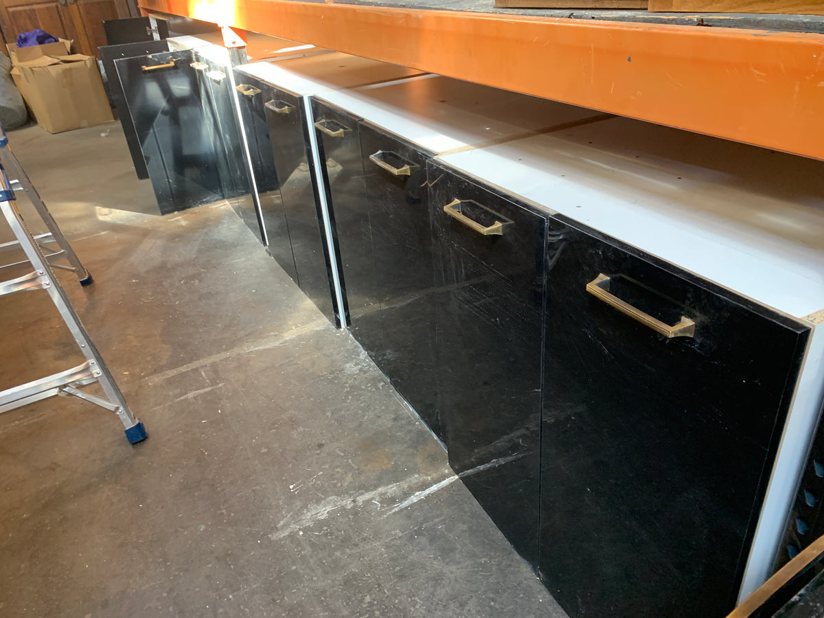 17.75ft Reclaimed High Gloss Black Lacquer Kitchen Cabinet Set, 11-Piece