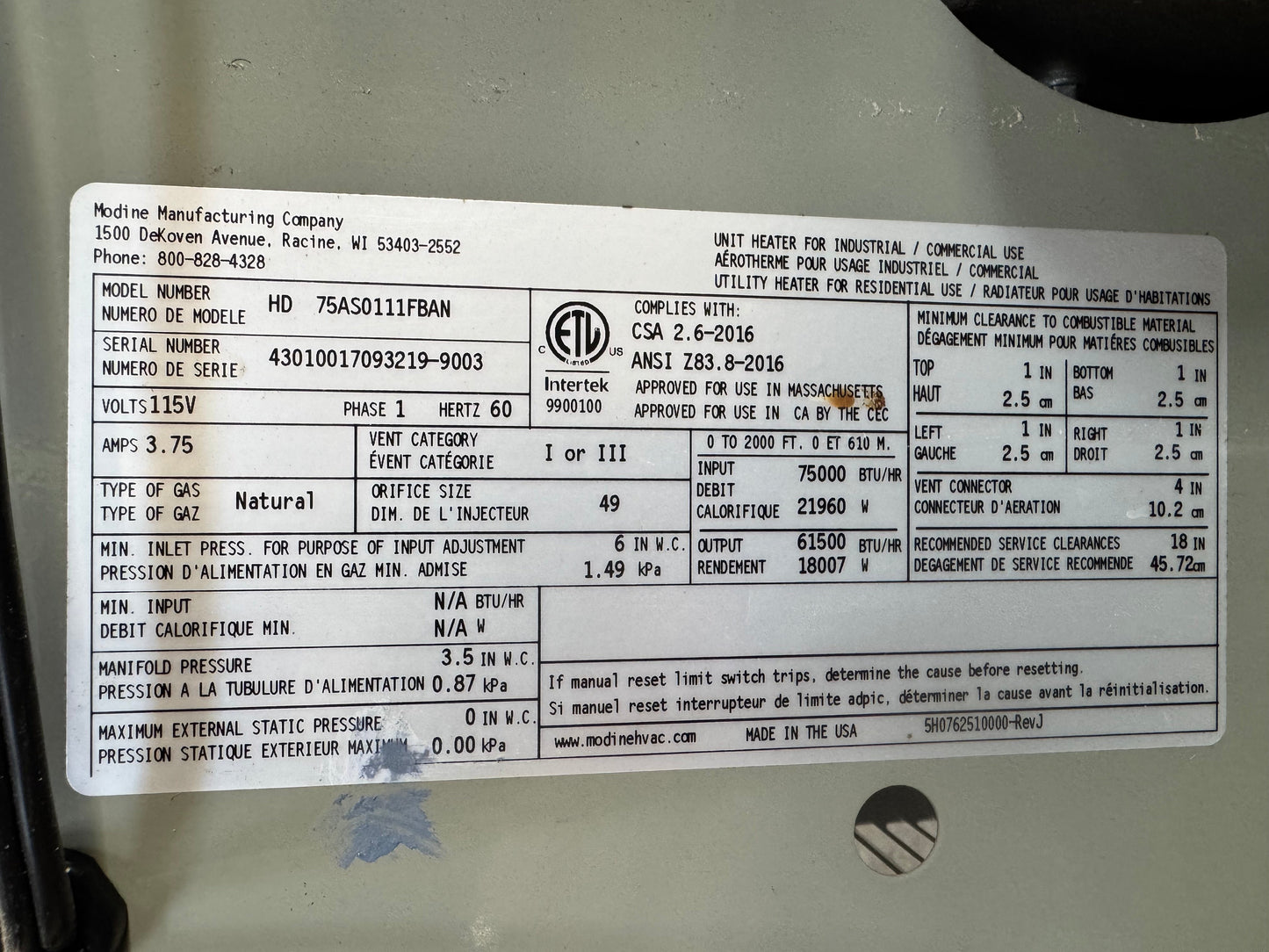 Modine 75,000 BTU Natural Gas Unit Heater [#N604.01]