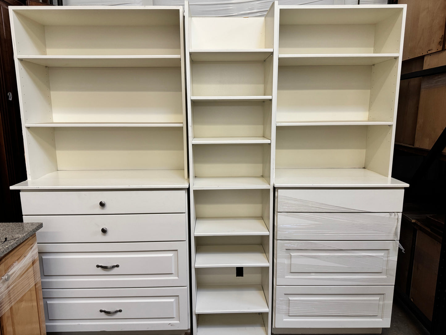 3 Piece White Drawer and Shelving Cabinet Combo
