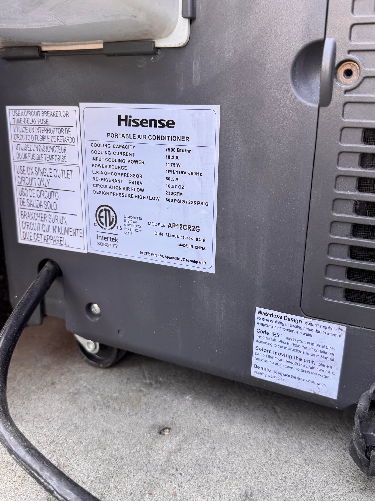 Reclaimed Hisense Portable Air Conditioner, 12,000 BTU
