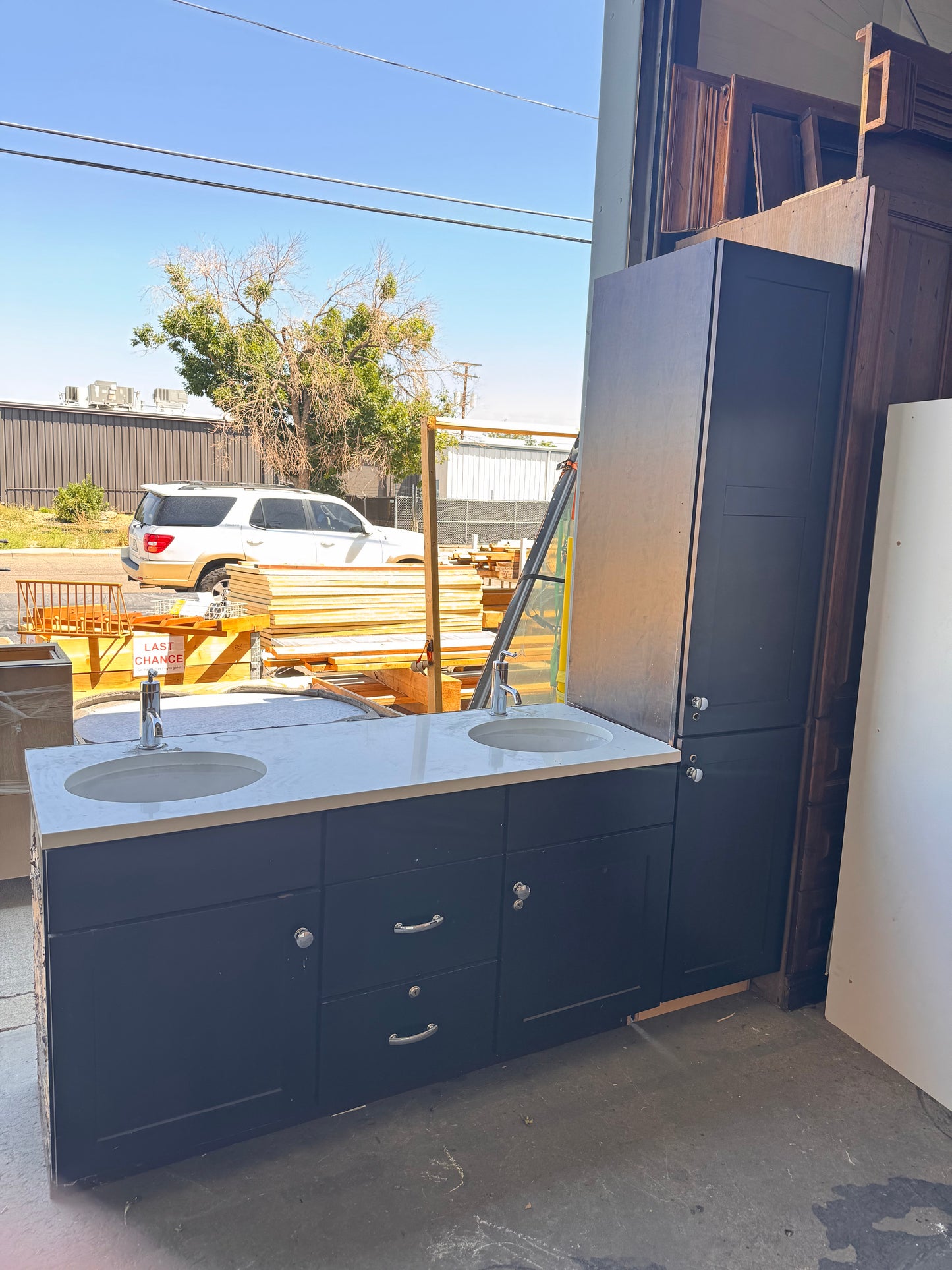 Double Sink Vanity with Tall Cabinet Set, Dark Brown and White Finish