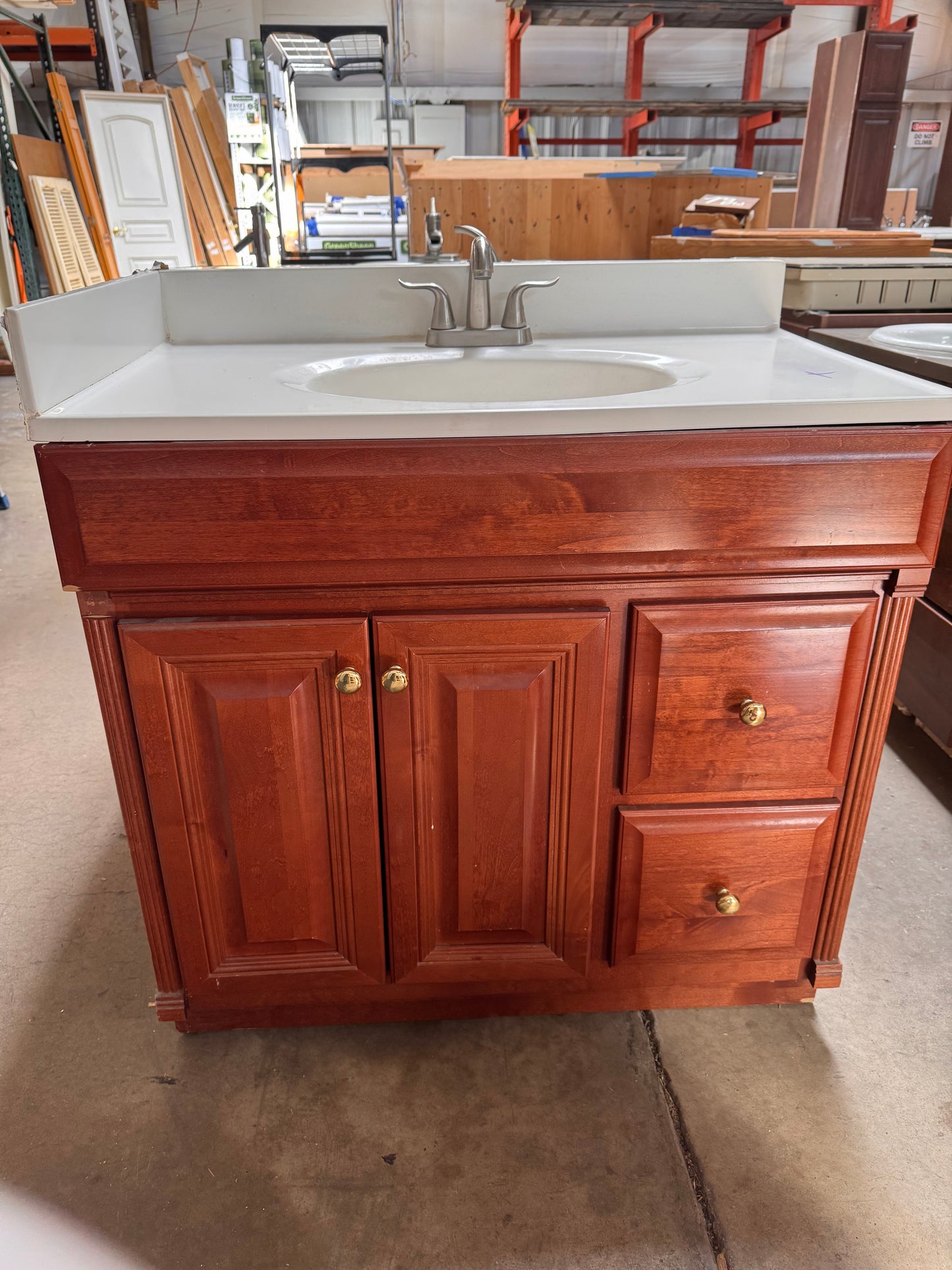36in Cherry Vanity with Matching Wall Cabinet, Cultured Marble Top