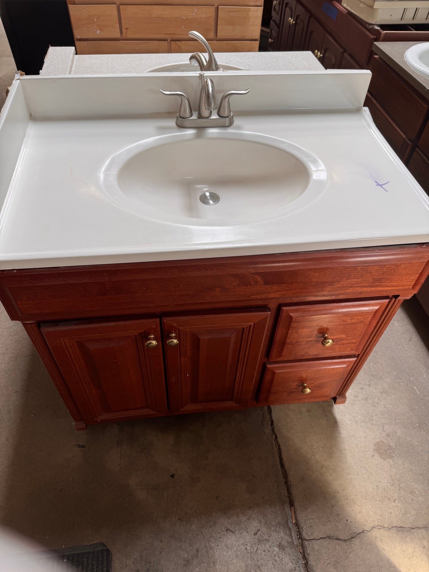 36in Cherry Vanity with Matching Wall Cabinet, Cultured Marble Top
