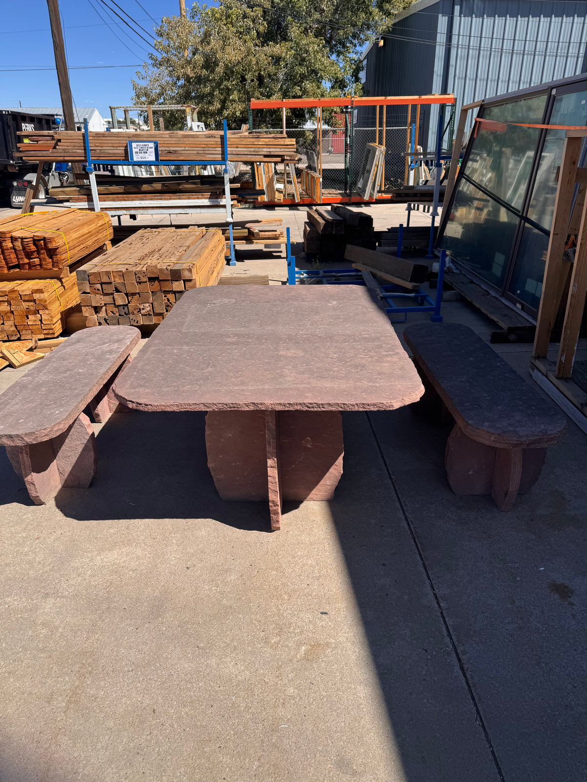 Reclaimed Flagstone Table and Bench Set, 3 Piece
