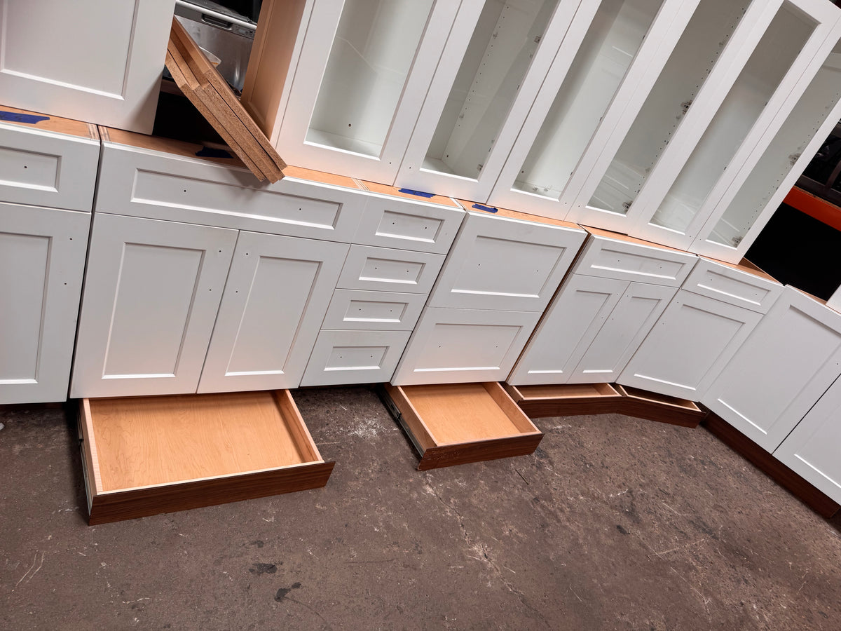 23ft White Reclaimed Kitchen Cabinet Set, Birch Plywood