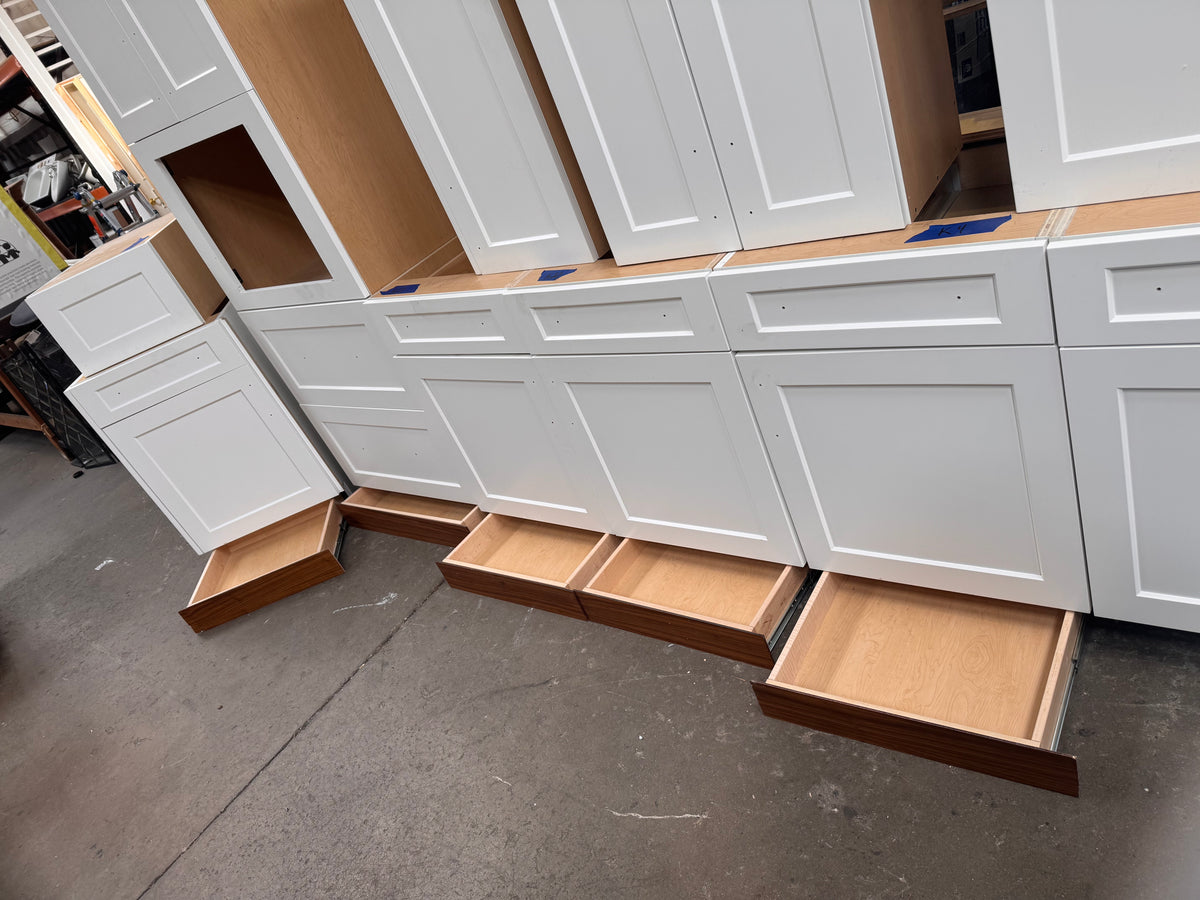 23ft White Reclaimed Kitchen Cabinet Set, Birch Plywood