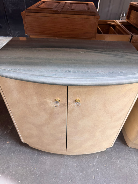 34in Reclaimed Curved Accent Cabinet, Faux Marble Top, Crystal Knobs
