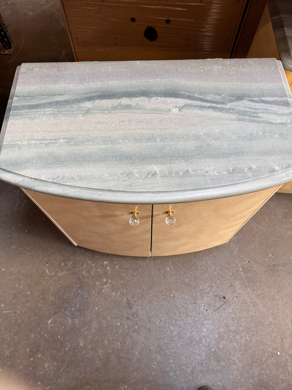34in Reclaimed Curved Accent Cabinet, Faux Marble Top, Crystal Knobs