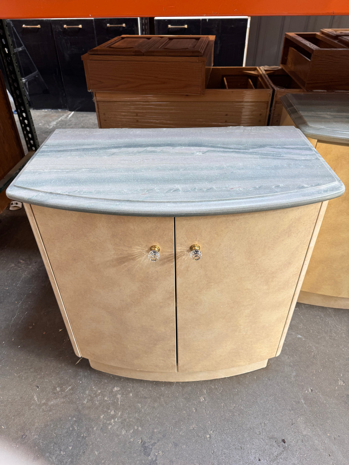 34in Reclaimed Curved Accent Cabinet, Faux Marble Top, Crystal Knobs