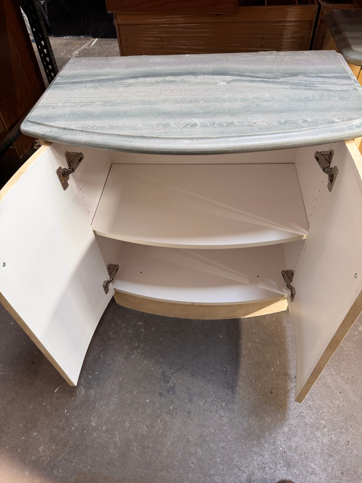 34in Reclaimed Curved Accent Cabinet, Faux Marble Top, Crystal Knobs