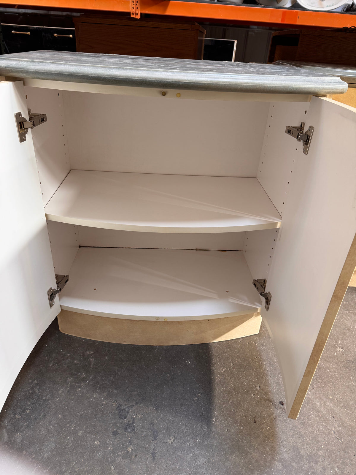 34in Reclaimed Curved Accent Cabinet, Faux Marble Top, Crystal Knobs