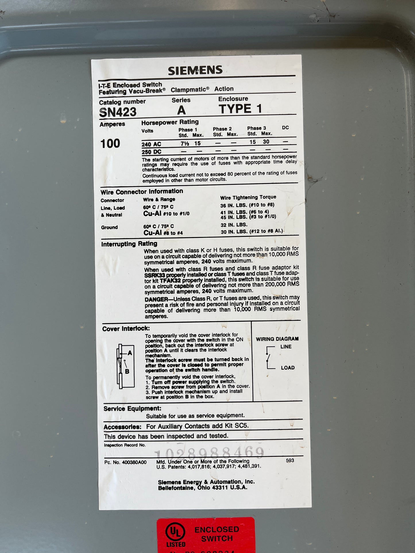 Siemens 100A Enclosure Box – Type 1, SN423 (Box Only) [904.03]
