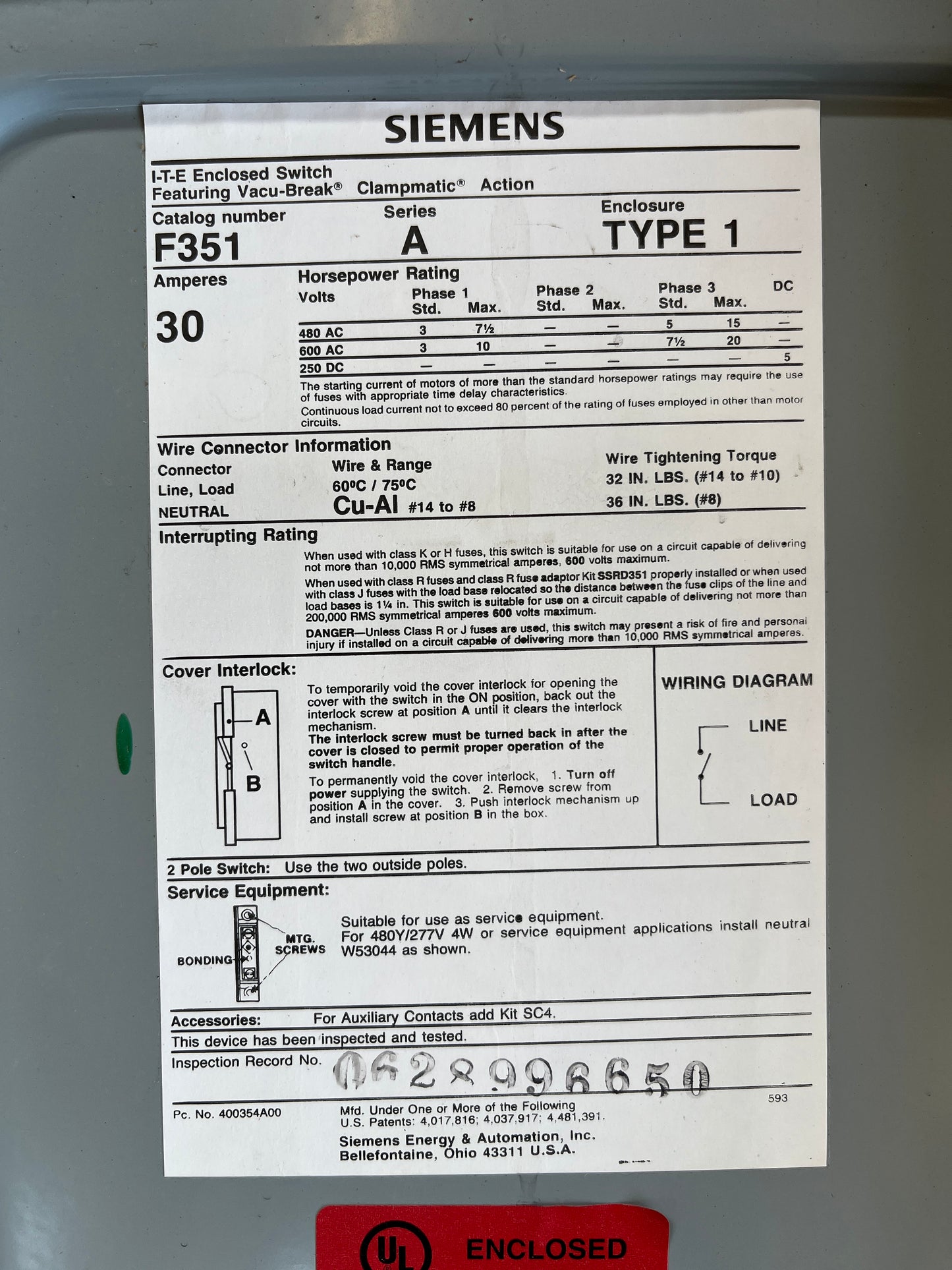Siemens 100A Enclosure Box – Type 1, SN423 (Box Only) [904.04]