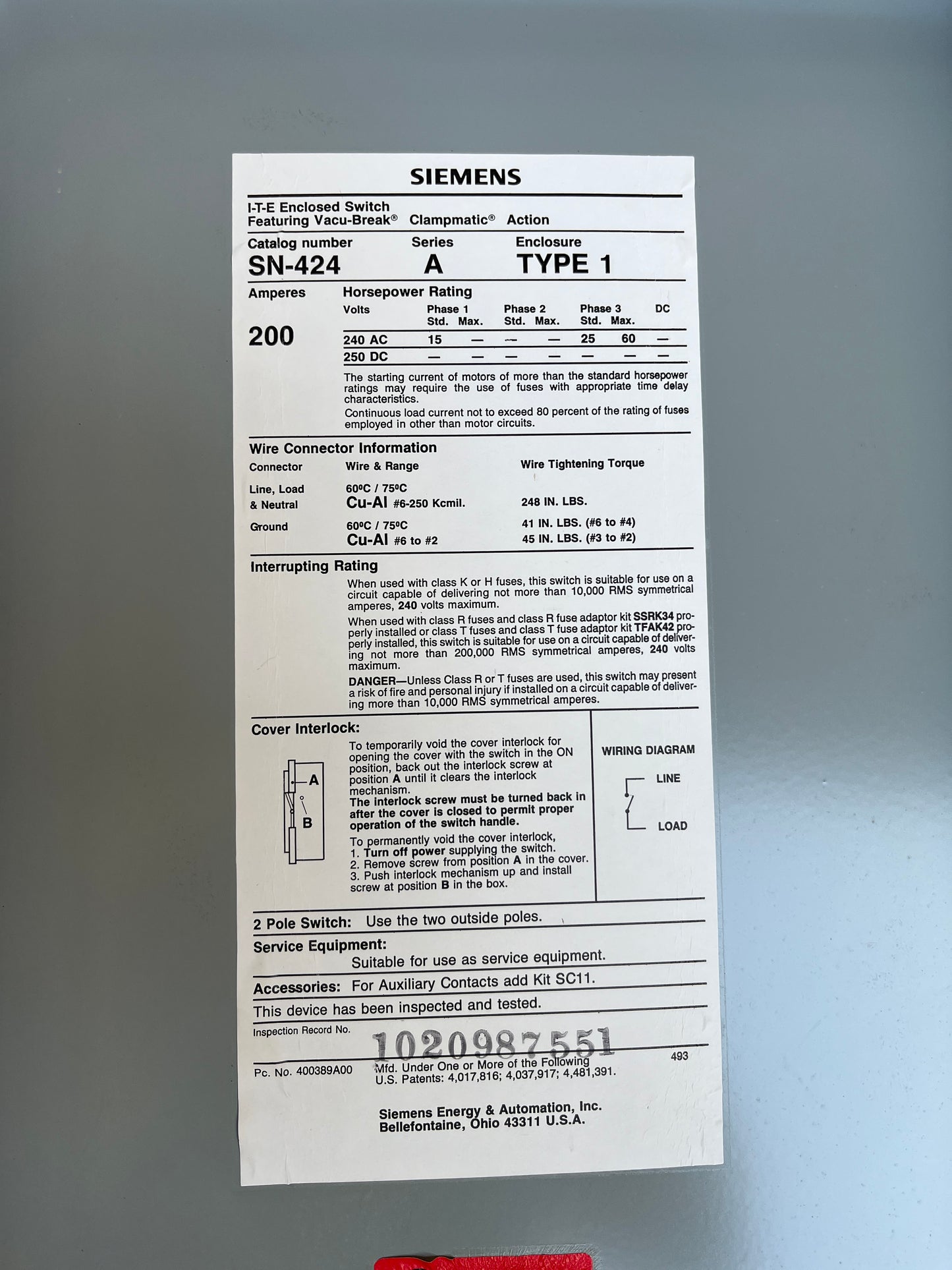 Siemens 200A Enclosure Box – Type 1, SN-424 [904.06]