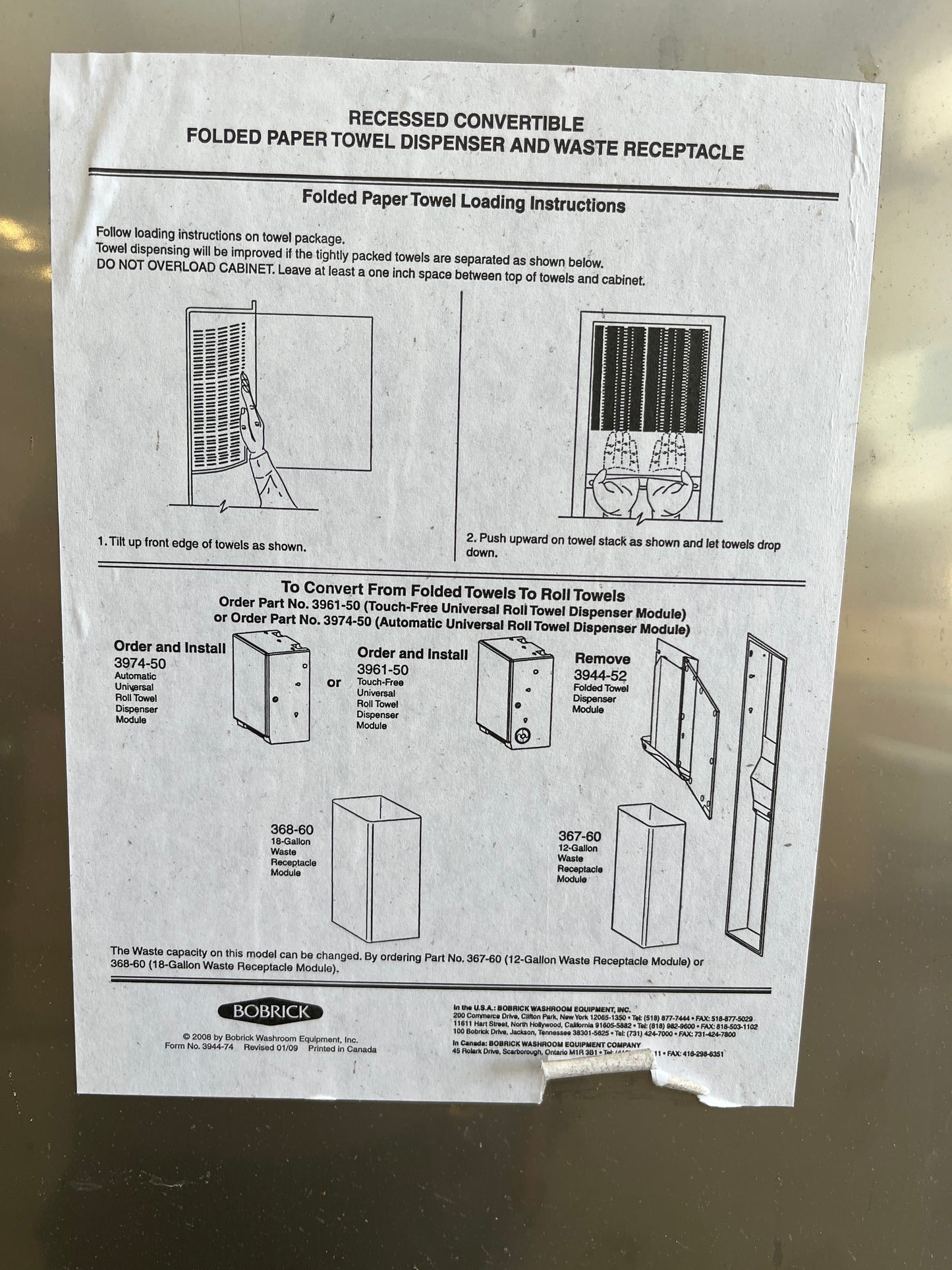 Bobrick B-3944 Recessed Paper Towel Dispenser & Waste Receptacle [904.07]