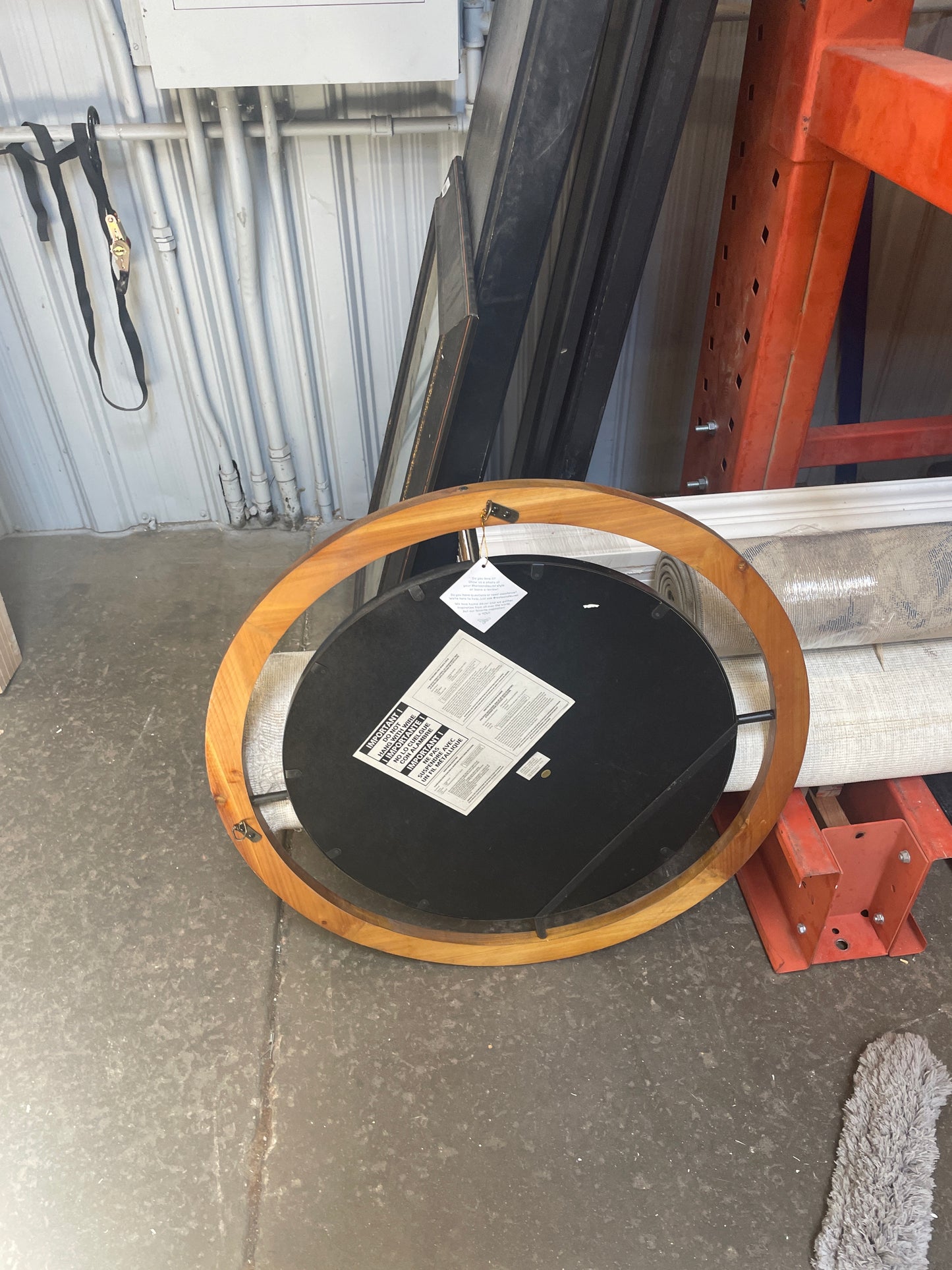 32in Round Wall Mirror, Natural Wood and Black Metal Frame [#J615.13]