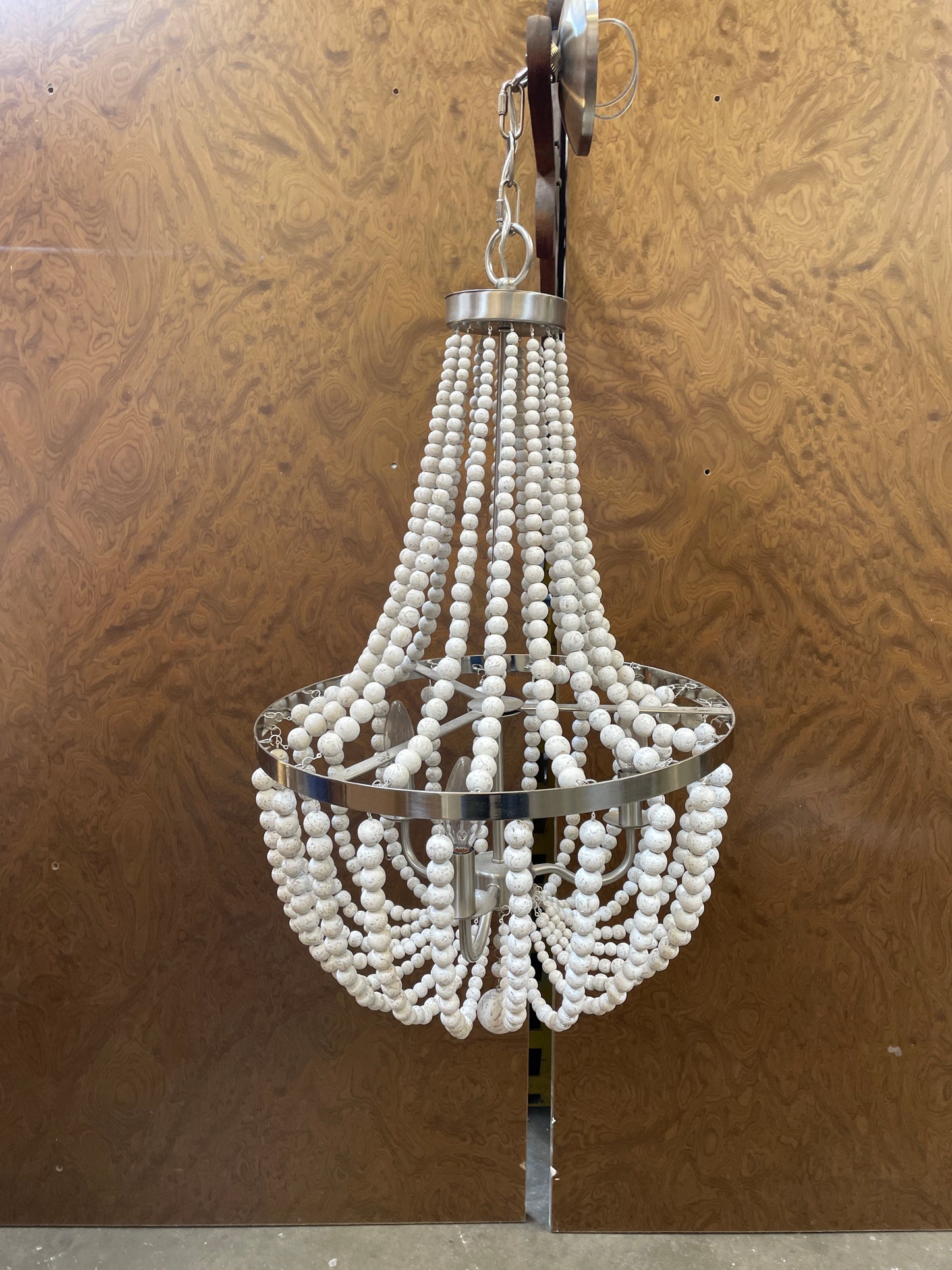 Whitewashed Wood Bead Reclaimed Chandelier, Nickel