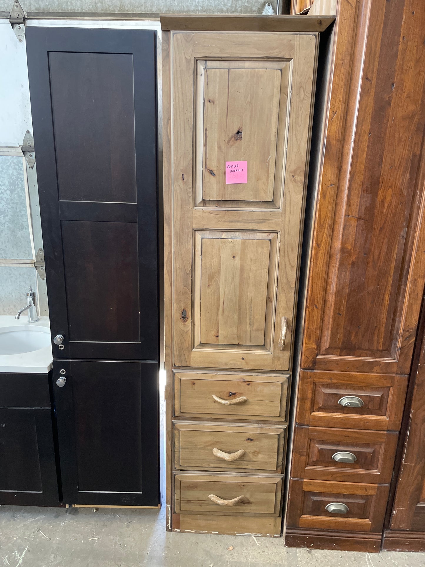 Reclaimed Tall Linen Cabinet, Knotty Wood with Antler Handles