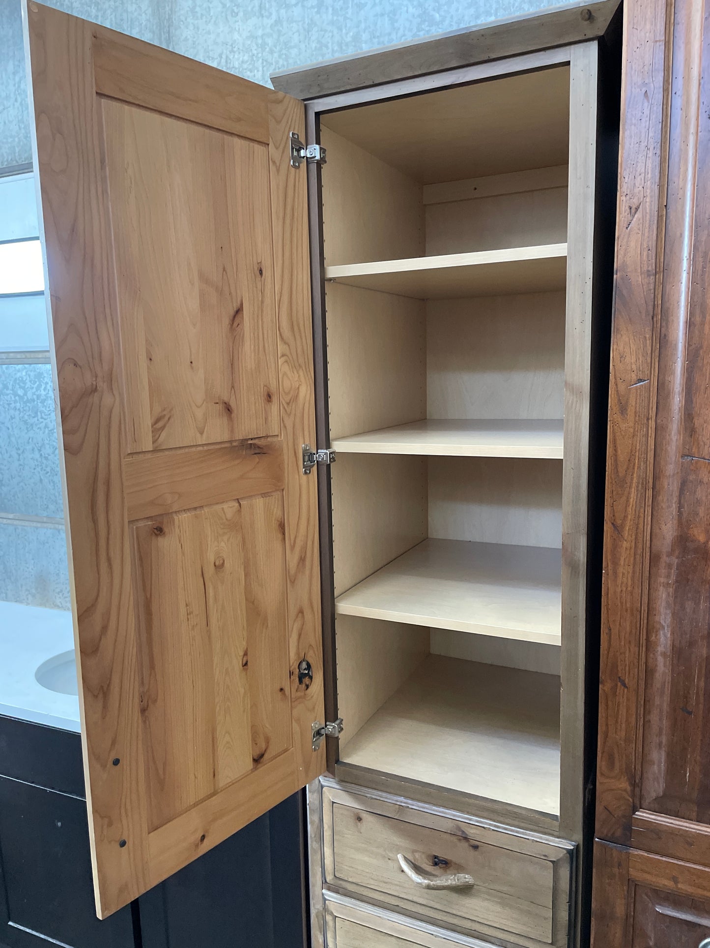 Reclaimed Tall Linen Cabinet, Knotty Wood with Antler Handles
