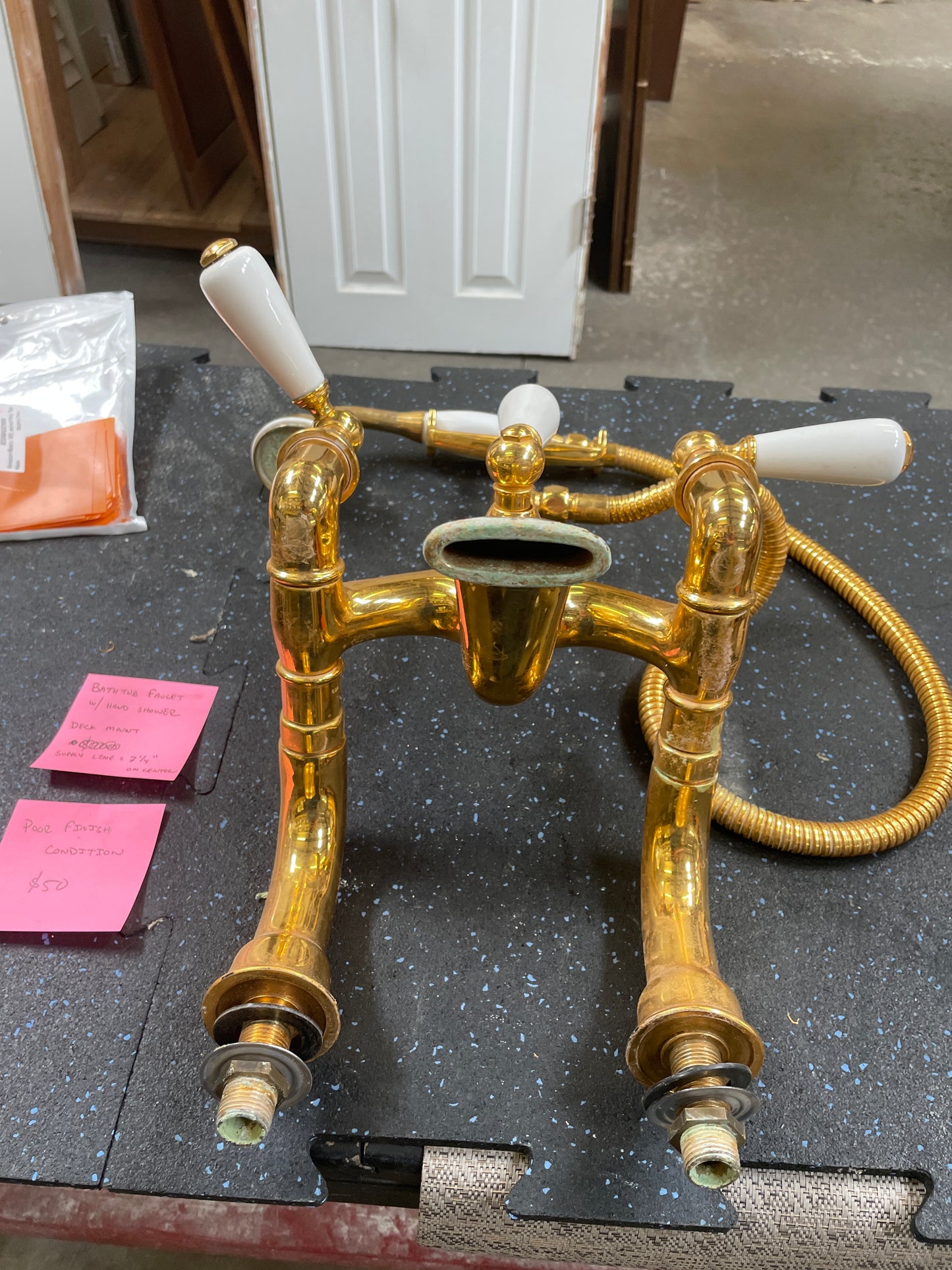 Reclaimed Deck-Mount Bathtub Faucet Set, Polished Brass