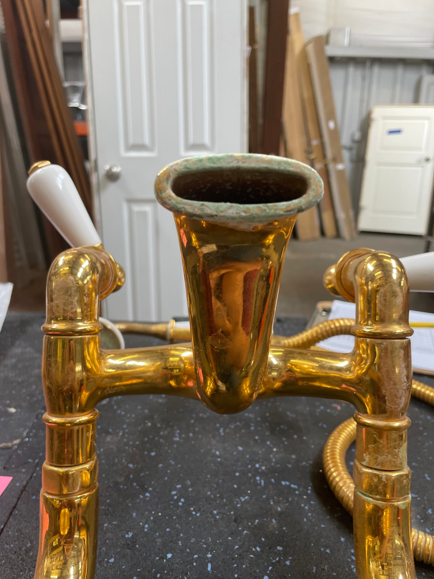 Reclaimed Deck-Mount Bathtub Faucet Set, Polished Brass