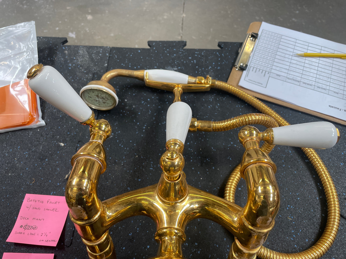Reclaimed Deck-Mount Bathtub Faucet Set, Polished Brass