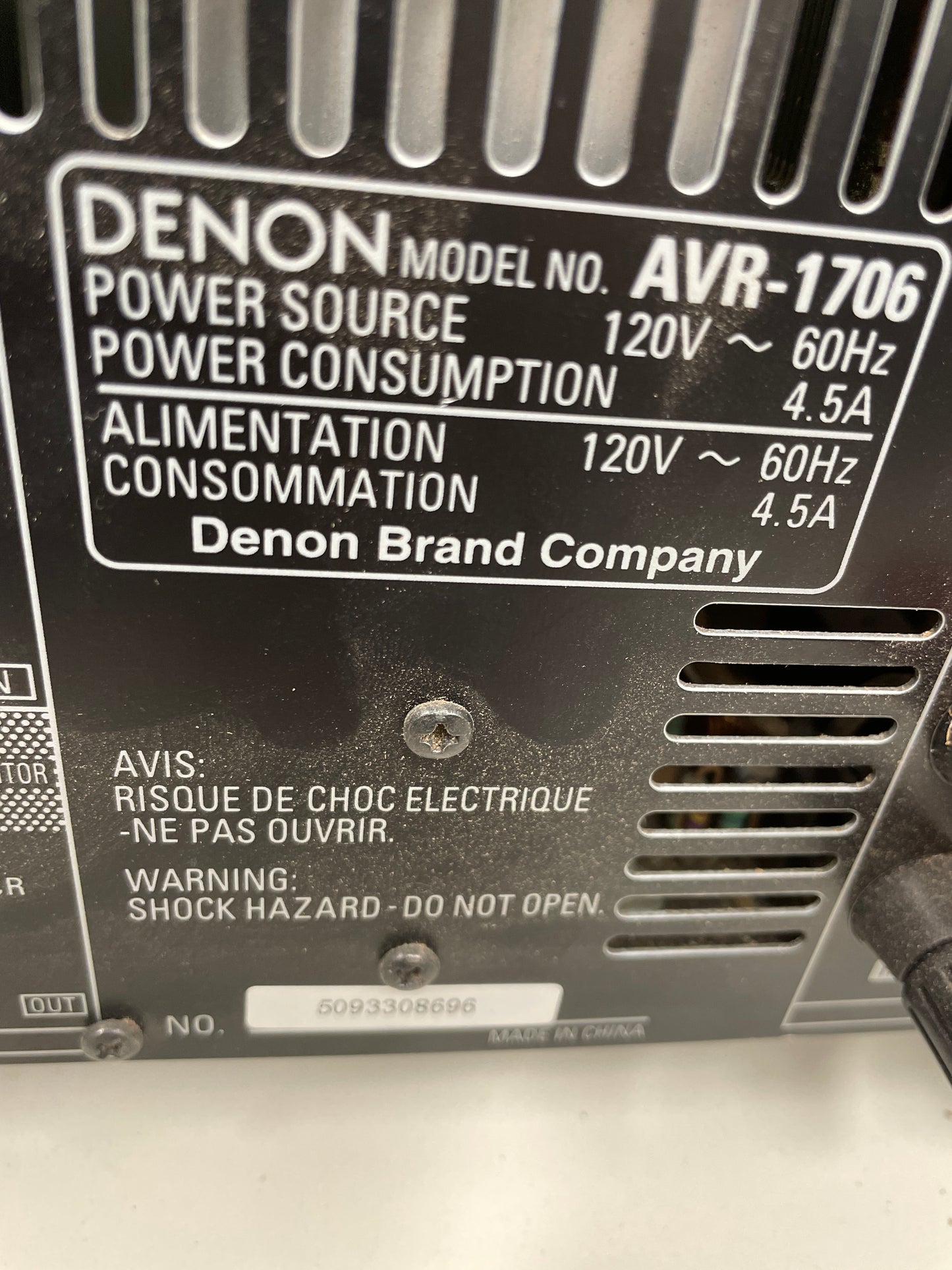 Denon AVR-1706 Audio Video Receiver, 120V
