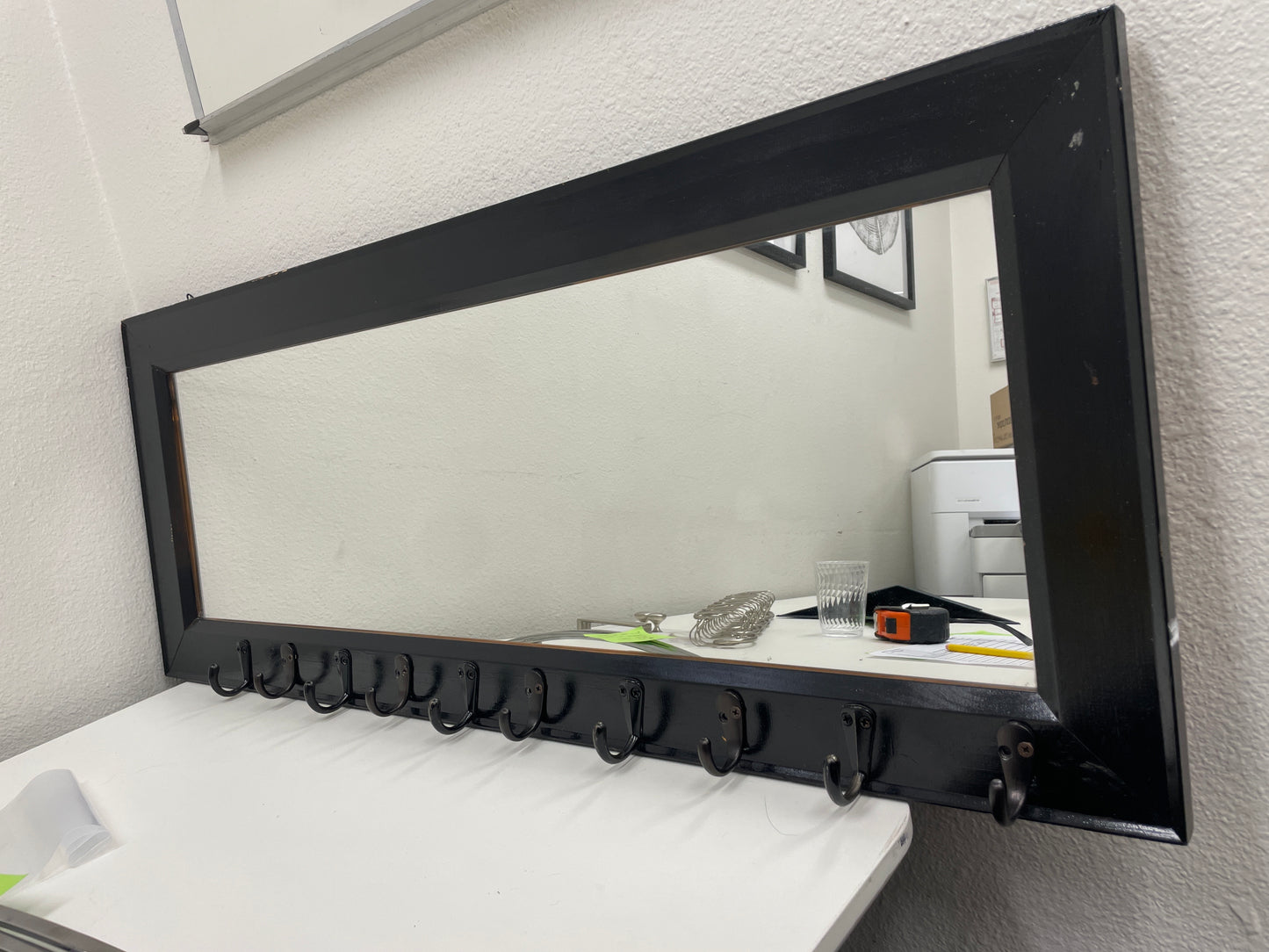 Mirror with Hooks, Black Frame, 36 x 14 Inch