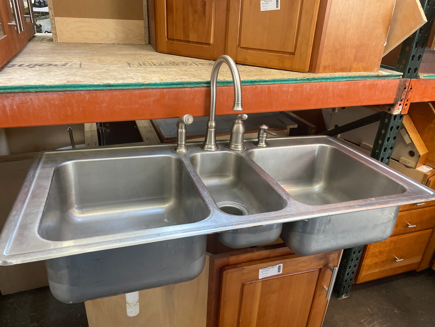 43x22 Reclaimed Stainless Drop-In Kitchen Sink, Triple Basin