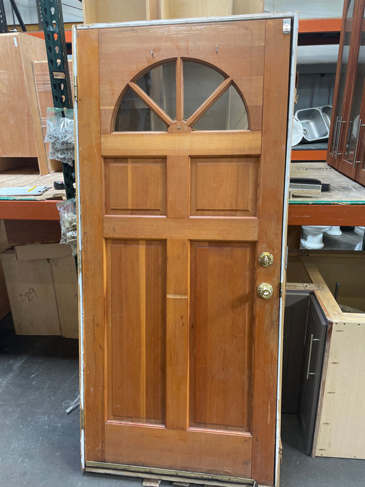36x81 LHS Exterior Solid 4 Panel Prehung Door, Wood Finish