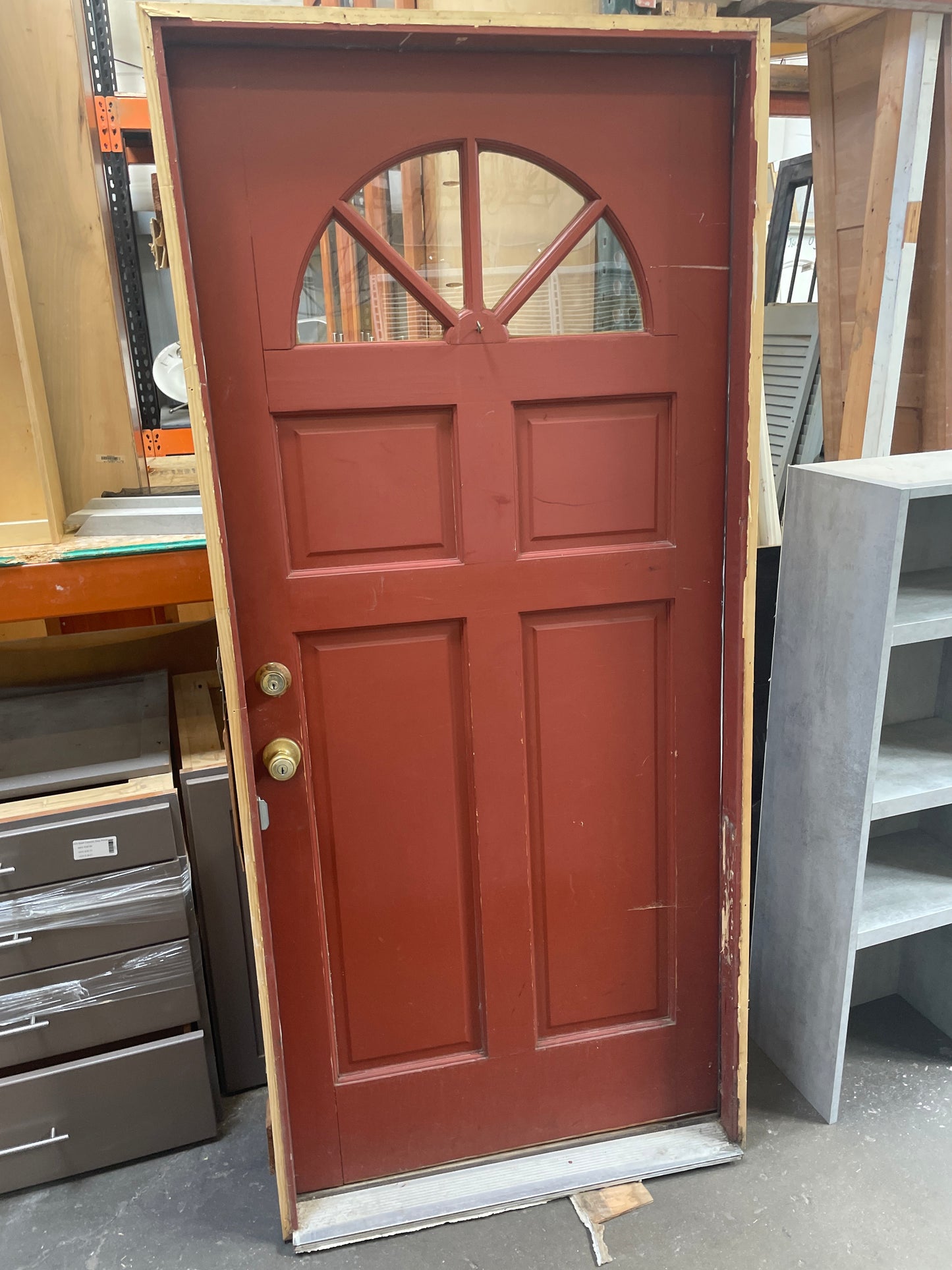 36x81 LHS Exterior Solid 4 Panel Prehung Door, Wood Finish